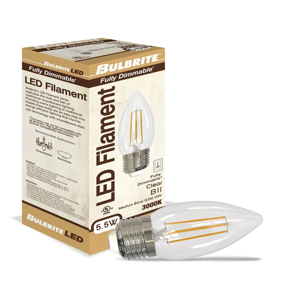 Bulbrite LED Filament Pack of (4) 5.5 Watt Dimmable B11 Light Bulbs with Clear Glass Finish and Medium (E26) Base - 3000K (Soft White Light), 500 Lumens - Cheap-Us