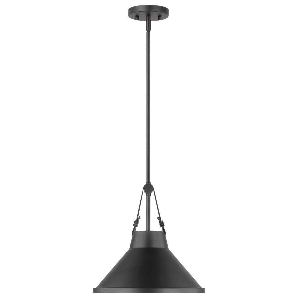 60-7645 ZELDA 1LT PENDANT BLACK Zelda; 1 Light Pendant; Medium Base; 60 Watt; Black Finish; Black Metal Shade; Faux Leather Straps - Cheap-Us