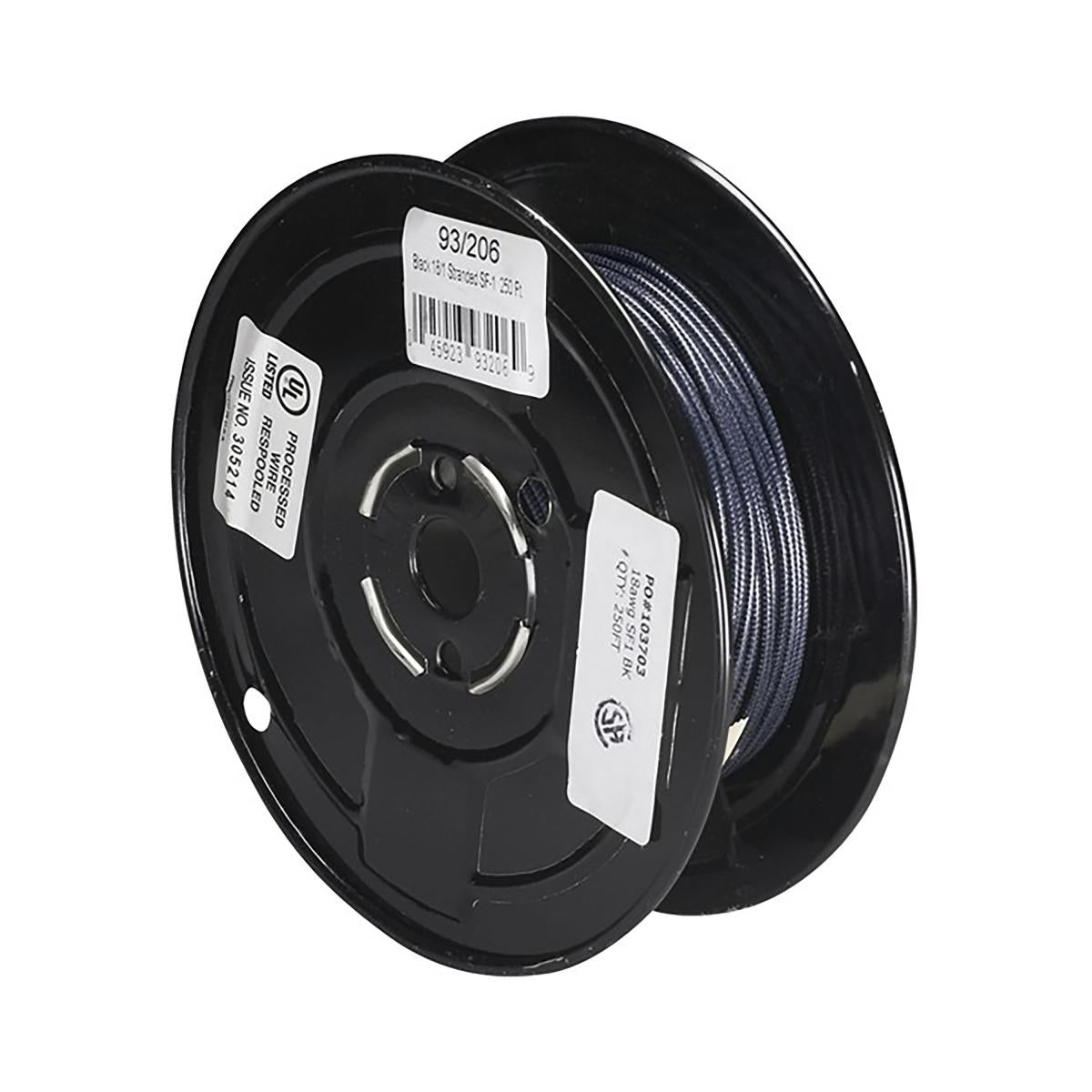 93-206 BLACK 18/1 SF1 STRANDED 250' Lighting Bulk Wire; 18/1 Stranded Braid 200C SF-1; 250 Foot/Spool; Black - Cheap-Us