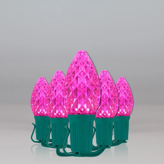25 Light LED C7 Light Set Pink Bulbs on Green Wire, Approx. 16'6