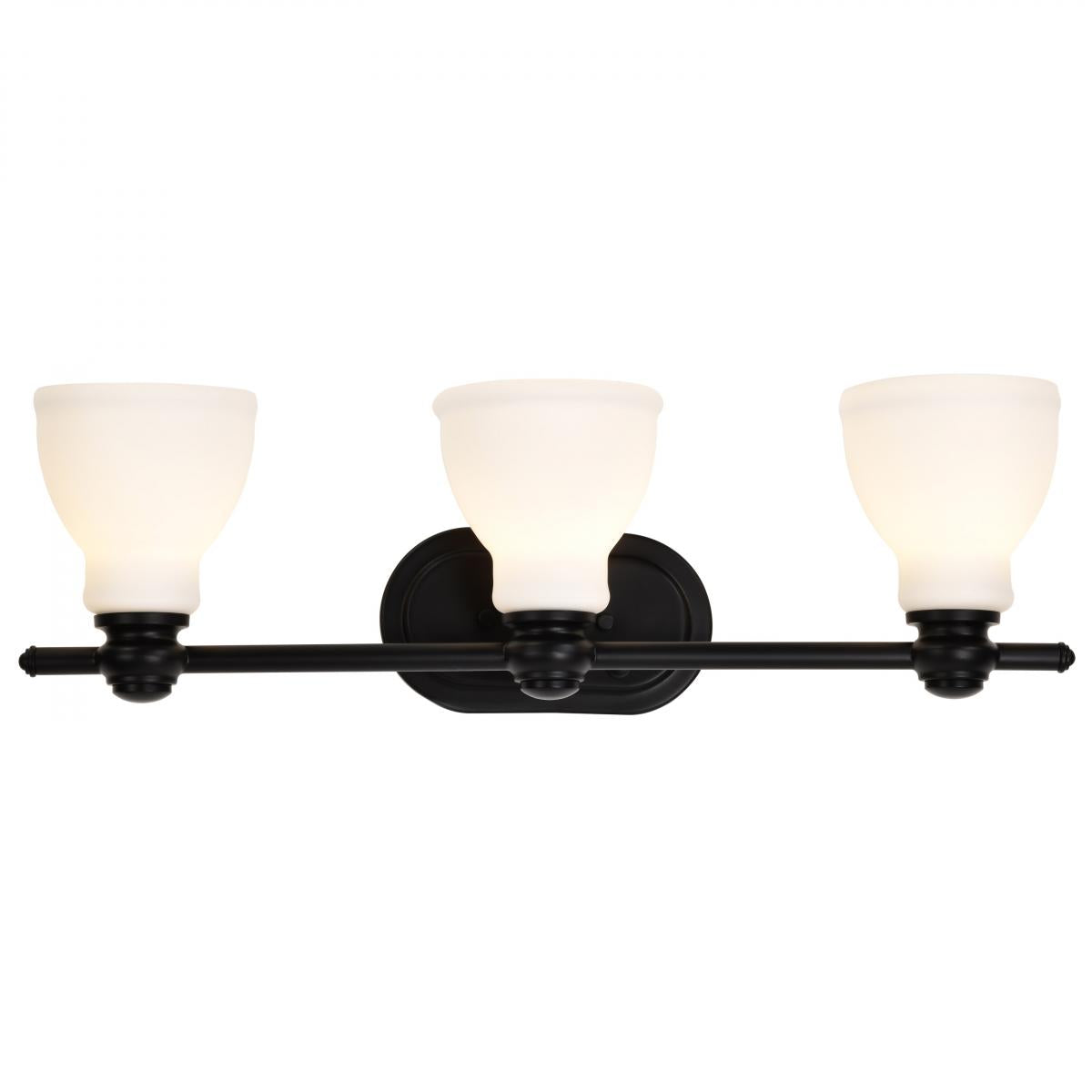 60-8023 RUSSEL 3 LIGHT VANITY Russel; 3 Light Vanity; Matte Black with Satin White Glass - Cheap-Us