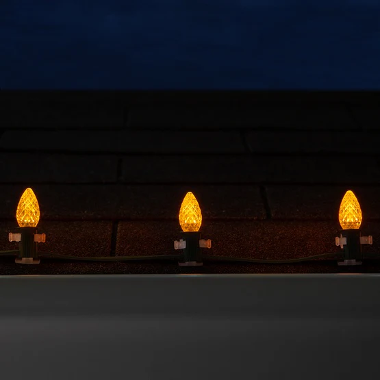 25 Light LED C7 Light Set Yellow Bulbs on Green Wire, Approx. 16'6