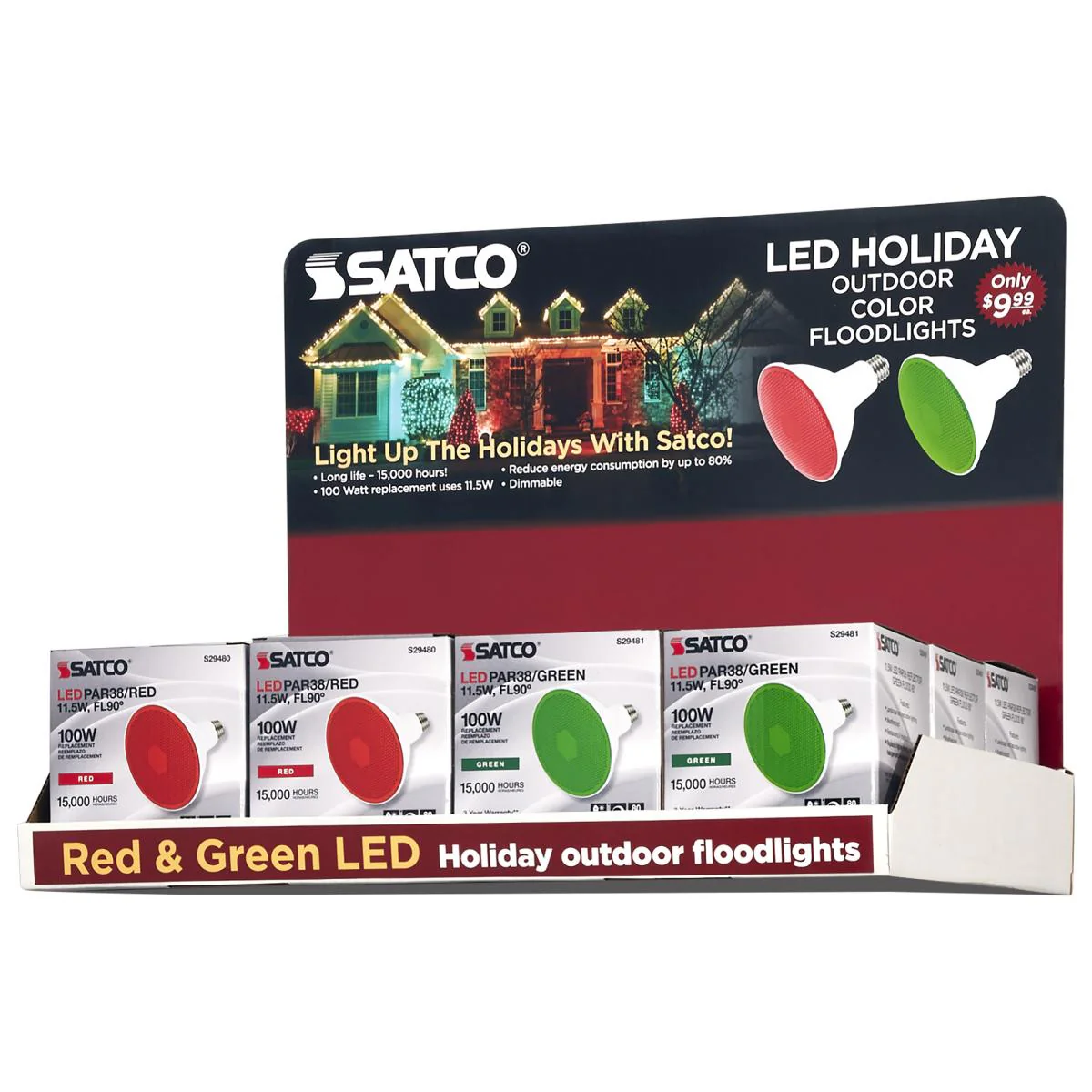 D2111 18PC S29480 & 18PC S29481 Display Unit Containing 36 total pieces; 18 pieces of S29480 11.5 Watt PAR38 LED in Red; 18 pieces of S29481 11.5 Watt PAR38 LED in Green - Cheap-Us