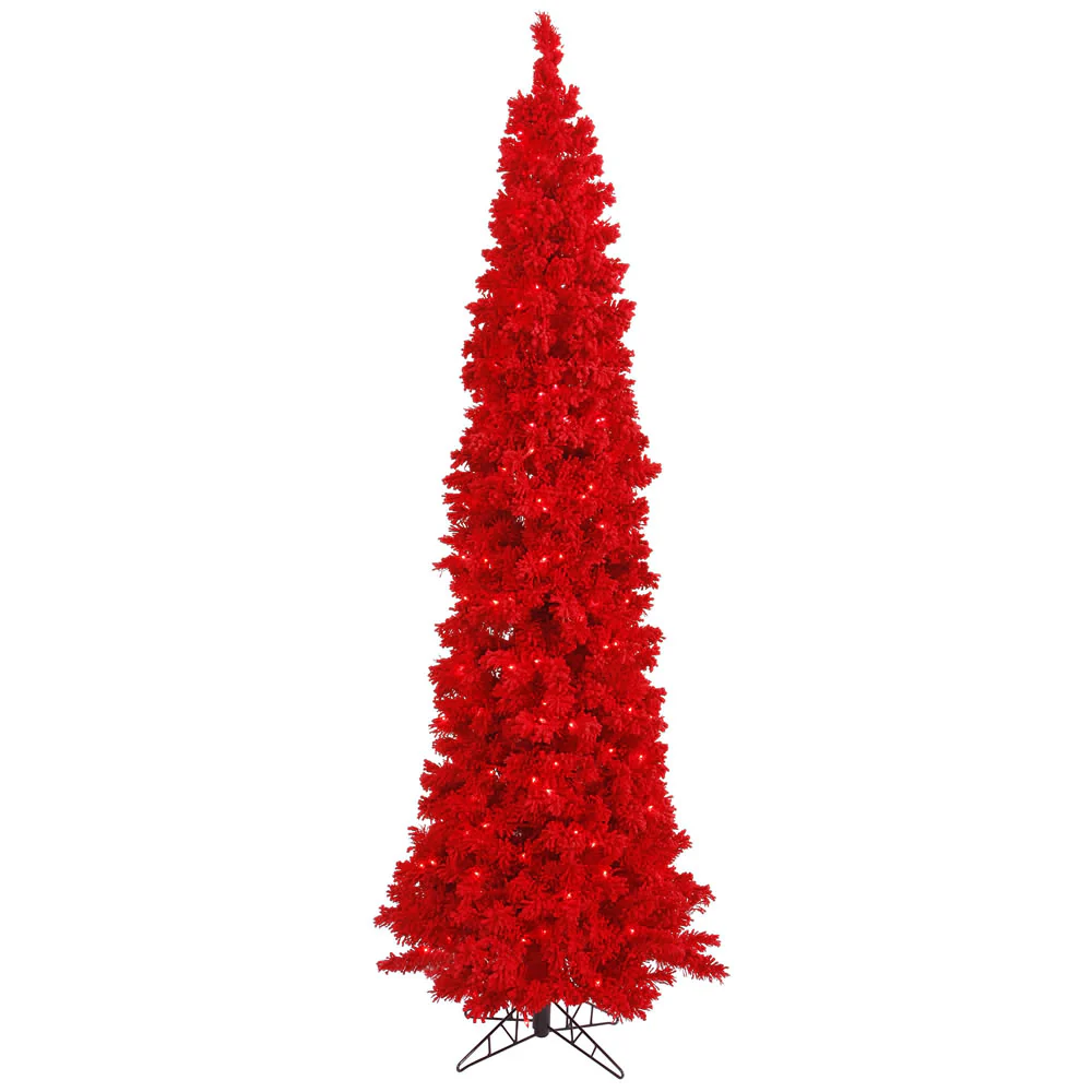 Vickerman 7.5' Flocked Red Pencil Fir Artificial Christmas Tree Red Dura-lit LED Lights - Cheap-Us