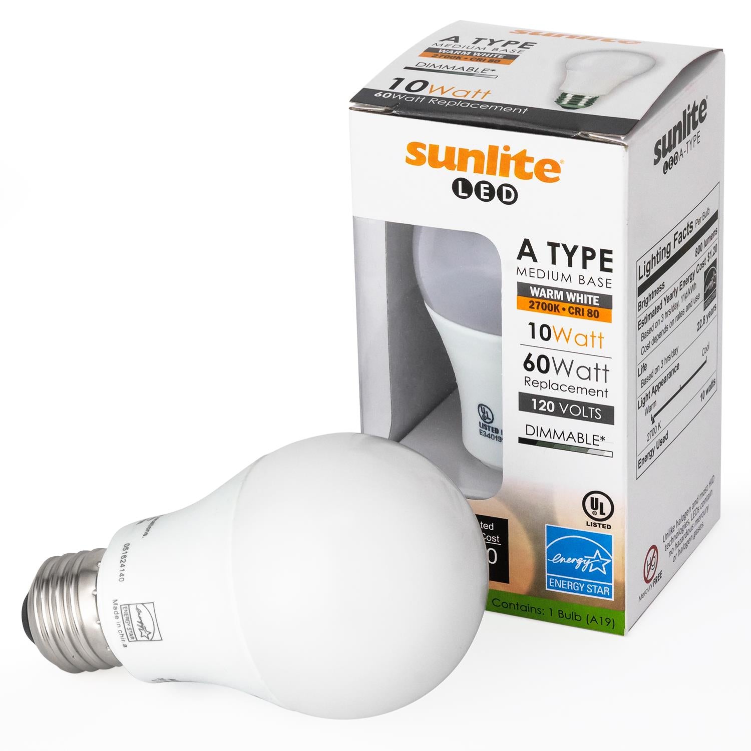 Sunlite A19/LED/10W/ES/D/50K LED A19 Household 10W (60W Equivalent) Light Bulbs, Medium (E26) Base, 5000K Clear White - Cheap-Us