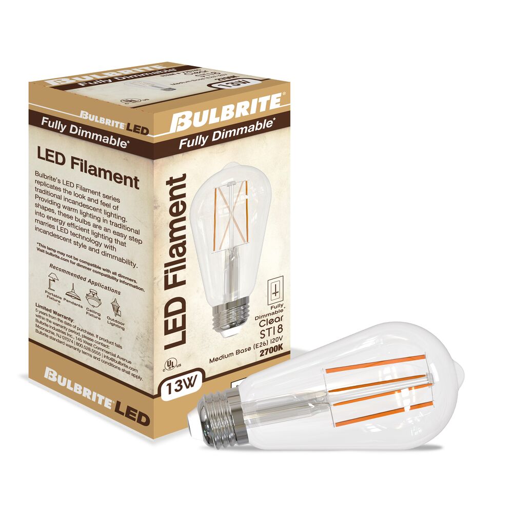 Bulbrite LED Filament Pack of (4) 13 Watt Dimmable ST18 Light Bulbs with a Clear Finish and Medium (E26) Base - 2700K (Warm White Light), 1400 Lumens - Cheap-Us