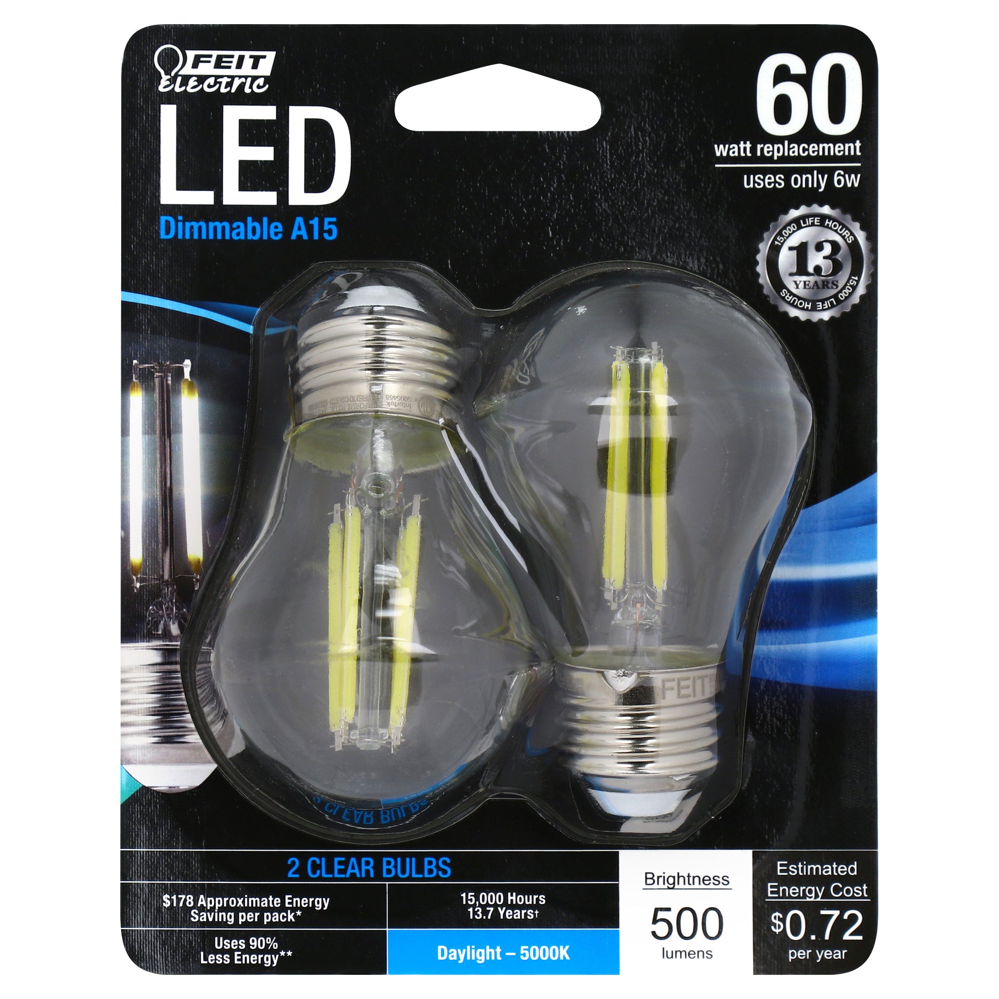 60-Watt Equivalent A15 Dimmable Daylight Glass Filament (2-Pack) - Cheap-Us