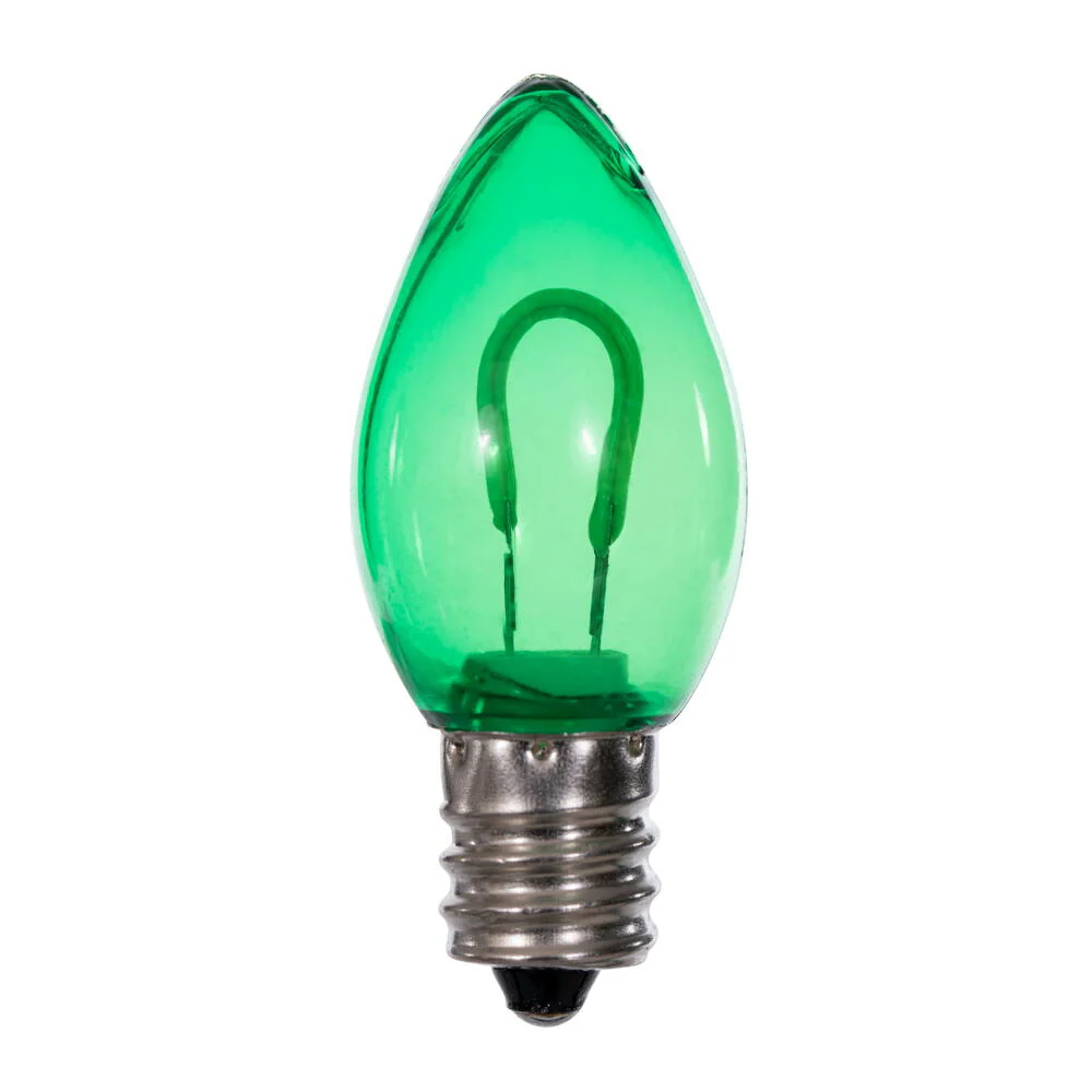 Vickerman C7 Transparent U-Shaped Filament Green Bulb, E12 Base, .6 Watts, 25 Pcs Assorted/Bag.  Colors included are Blue, Red, Green, Purple and Amber. - Cheap-Us