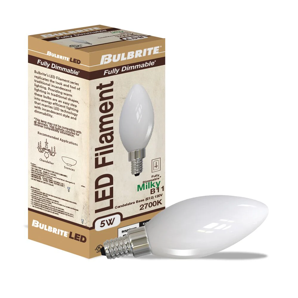 Bulbrite LED B11 Filament Bulb, Milky Finish, 2700K, Fully Compatible Dimming, 5 Watts, E12 Candelabra Base, 500 Lumens, 120V, Soft White Light 36-Pack - Cheap-Us