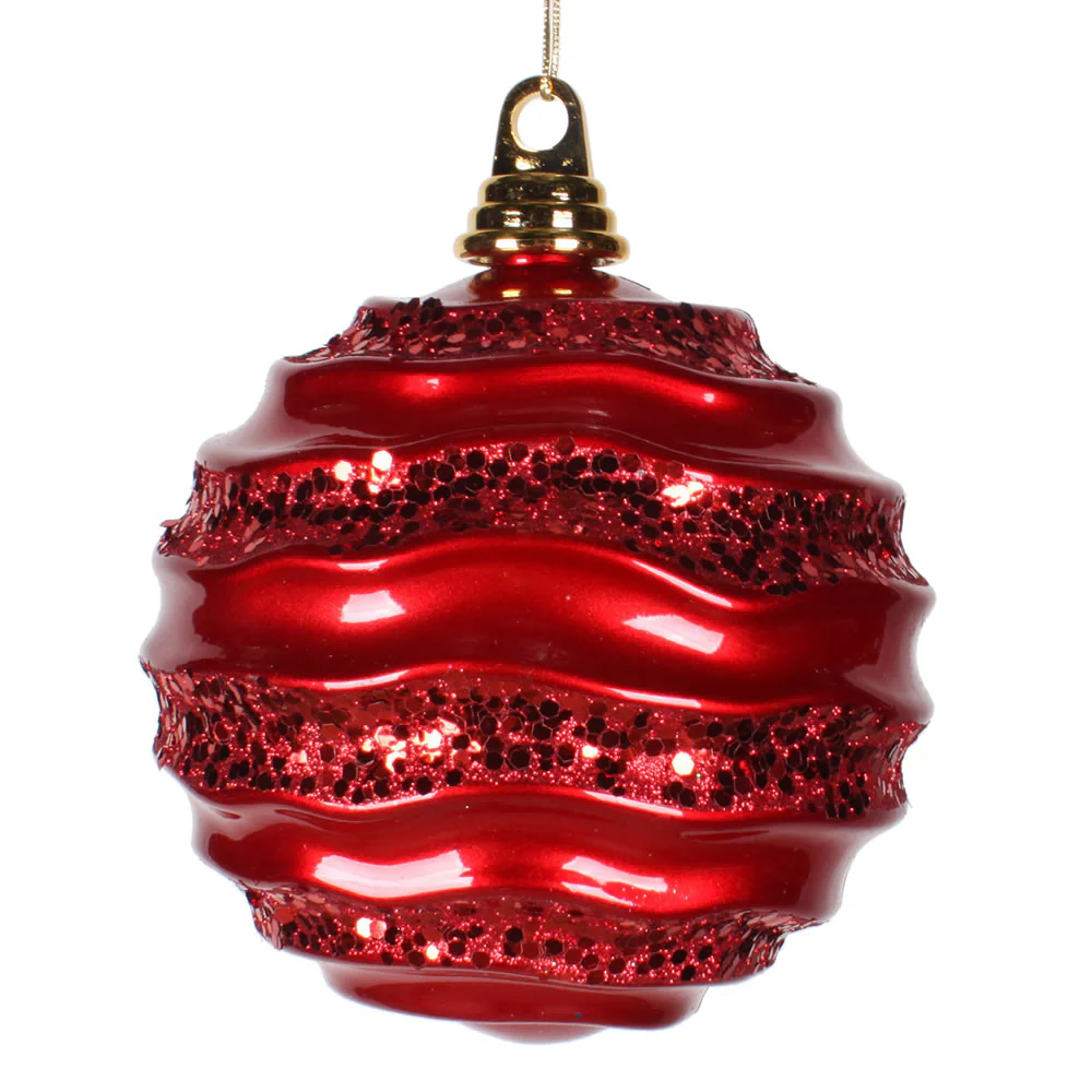 Vickerman 8' Red Stripe Candy Finish Wave Ball Christmas Ornament with Glitter Accents - Cheap-Us