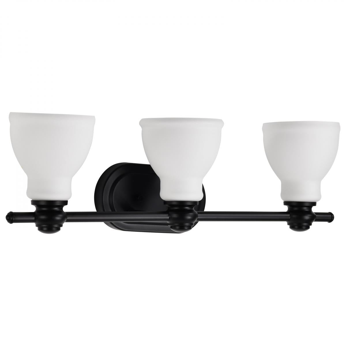 60-8023 RUSSEL 3 LIGHT VANITY Russel; 3 Light Vanity; Matte Black with Satin White Glass - Cheap-Us