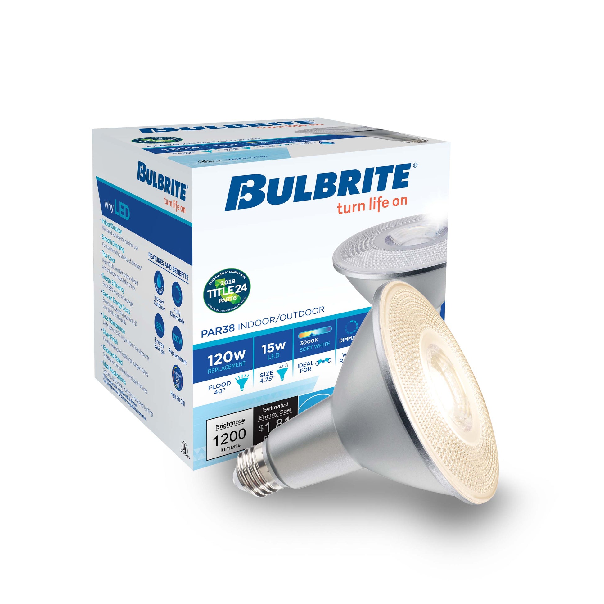 Bulbrite Pack of (2) 15 Watt Dimmable Flood PAR38 Medium (E26) LED Bulb - 1200 Lumens, 3000K, and 90 CRI - Cheap-Us