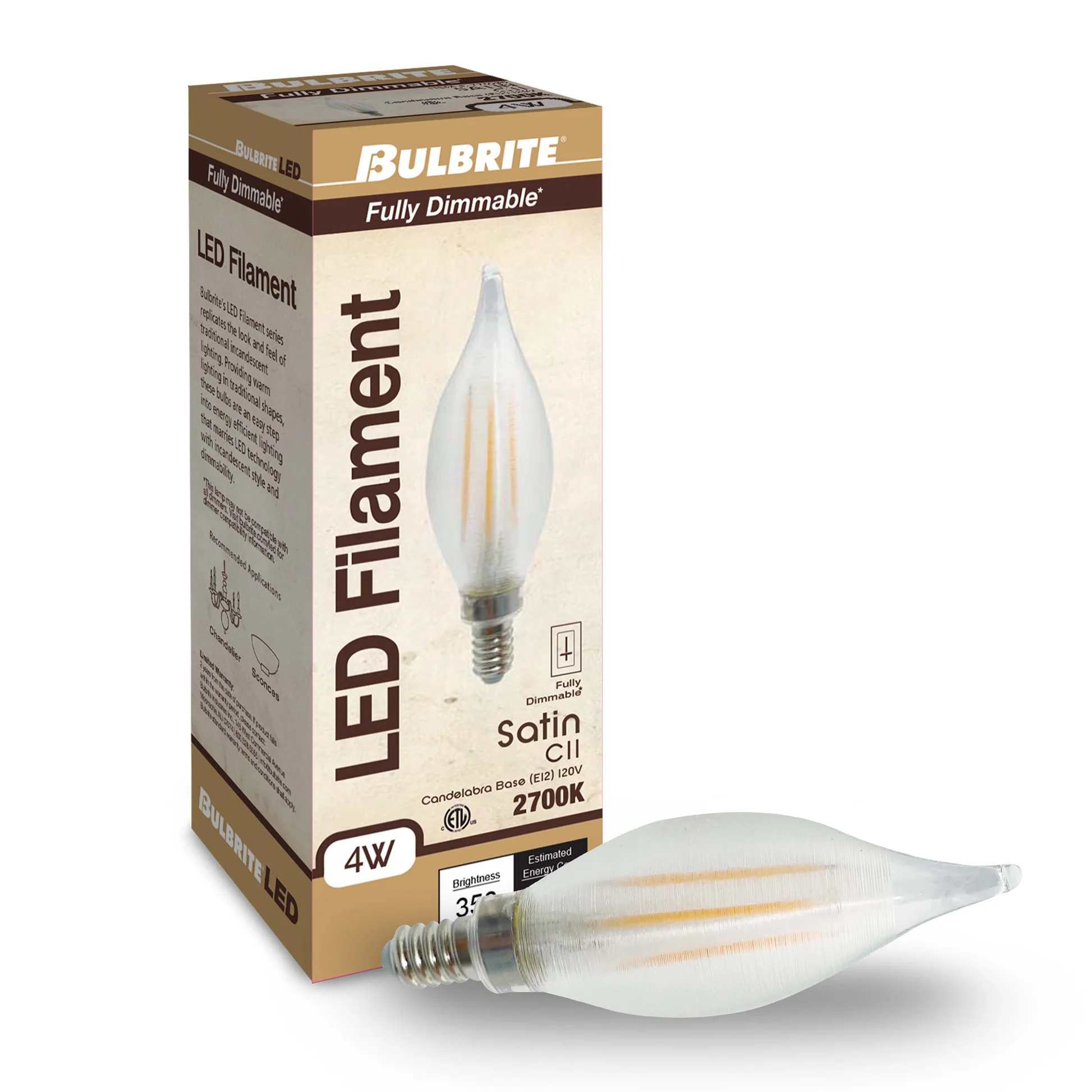 Bulbrite Spunlite Pack of (4) 4 Watt Dimmable C11 LED Filament Light Bulb with Satin Glass Finish and Candelabra (E12) Base - 2700K (Warm White Light), 350 Lumens - Cheap-Us