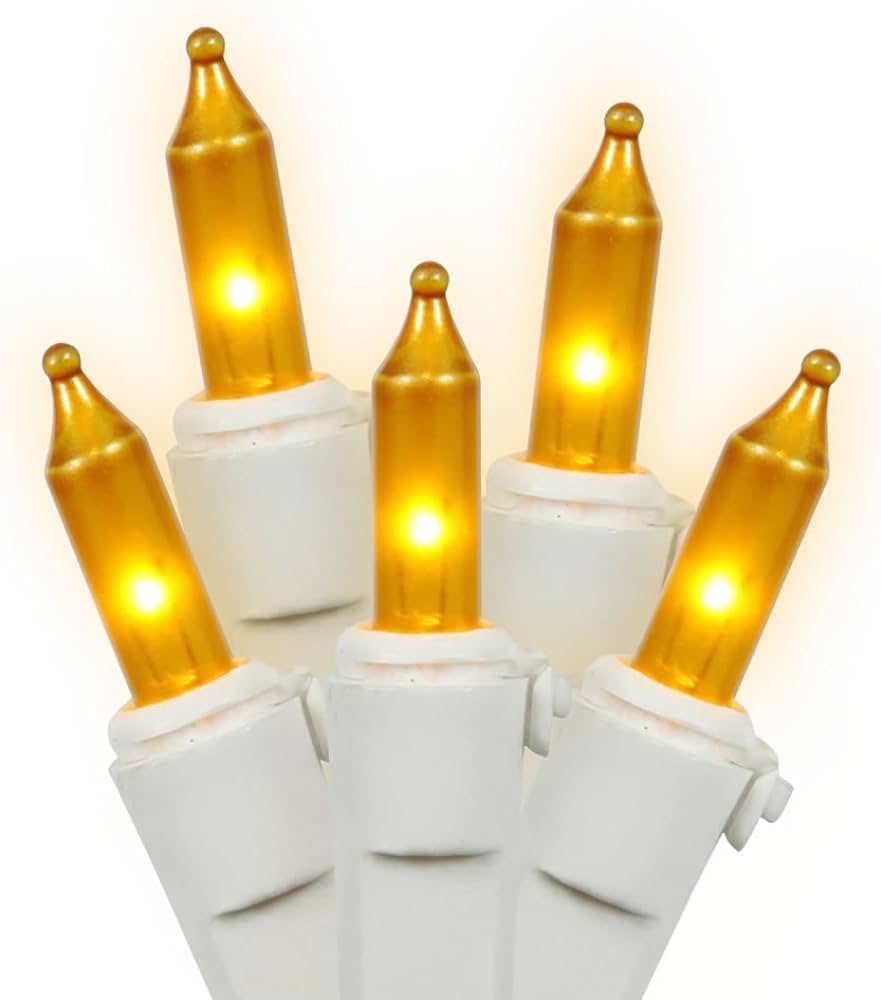 Transparent Amber Christmas Tree Mini Lights, 50 Lights, T1 3/4 Shaped, 16 Foot, Green Wire, Steady Burning and Flashing - Cheap-Us