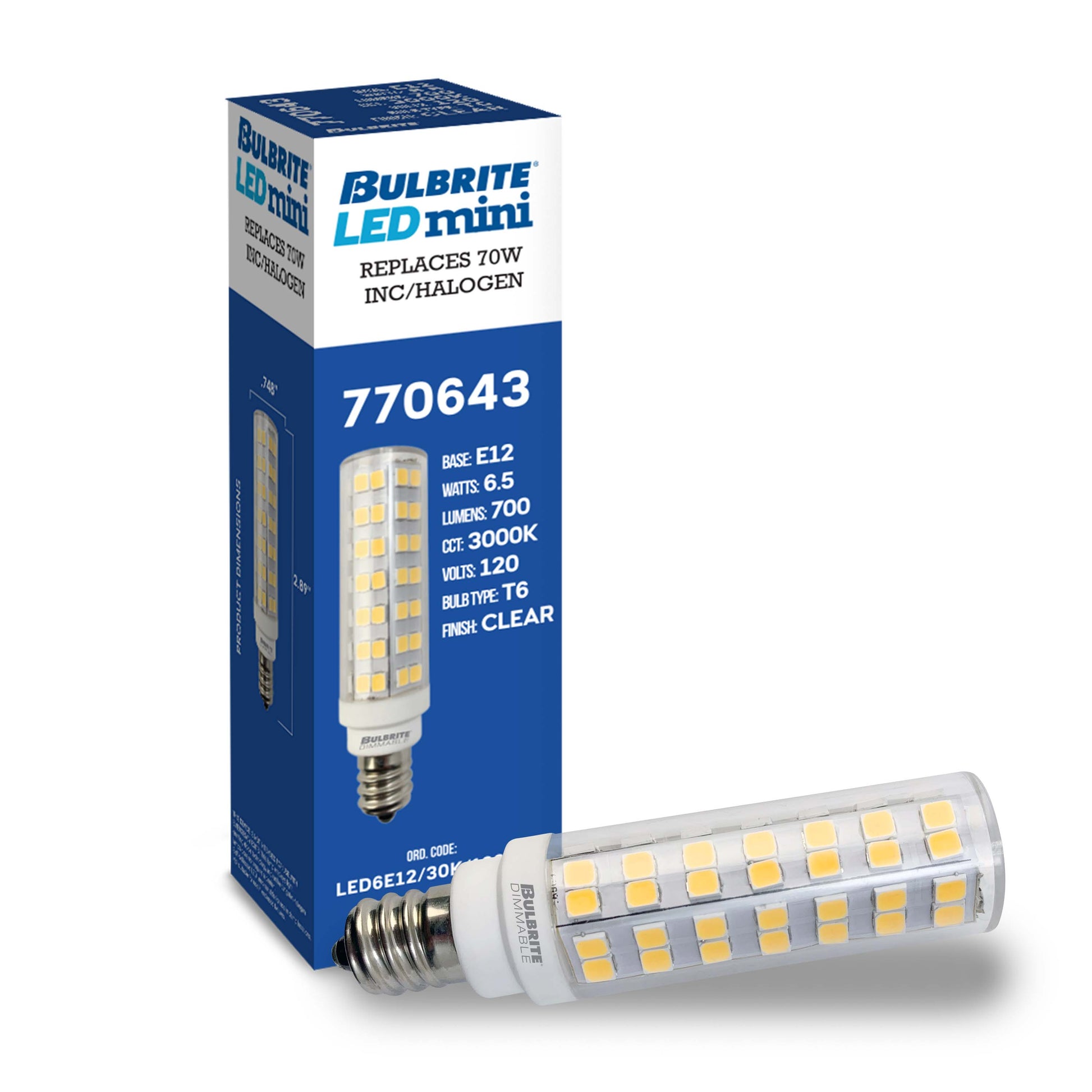 Bulbrite Pack of (2) 6.5 Watt 120V Dimmable Clear T6 LED Mini Light Bulbs with Candelabra (E12) Base, 3000K Soft White Light, 700 Lumens - Cheap-Us