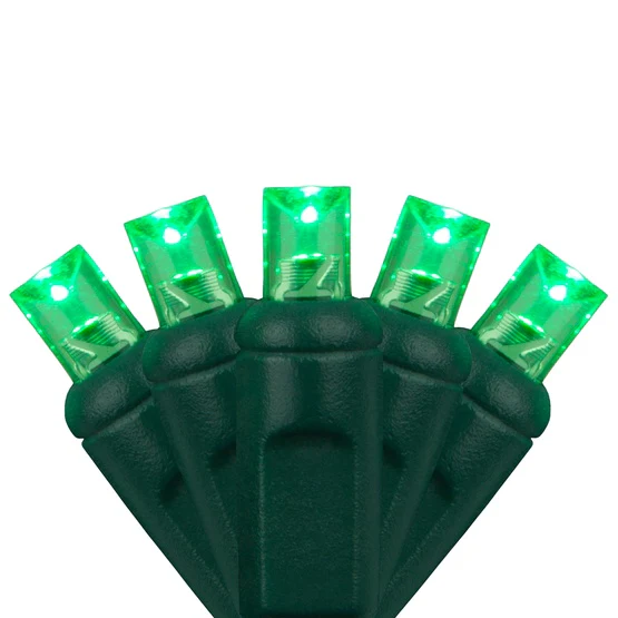 50 Light LED Conical (5MM) Light Set Green Bulbs on Green Wire, Approx. 17'4