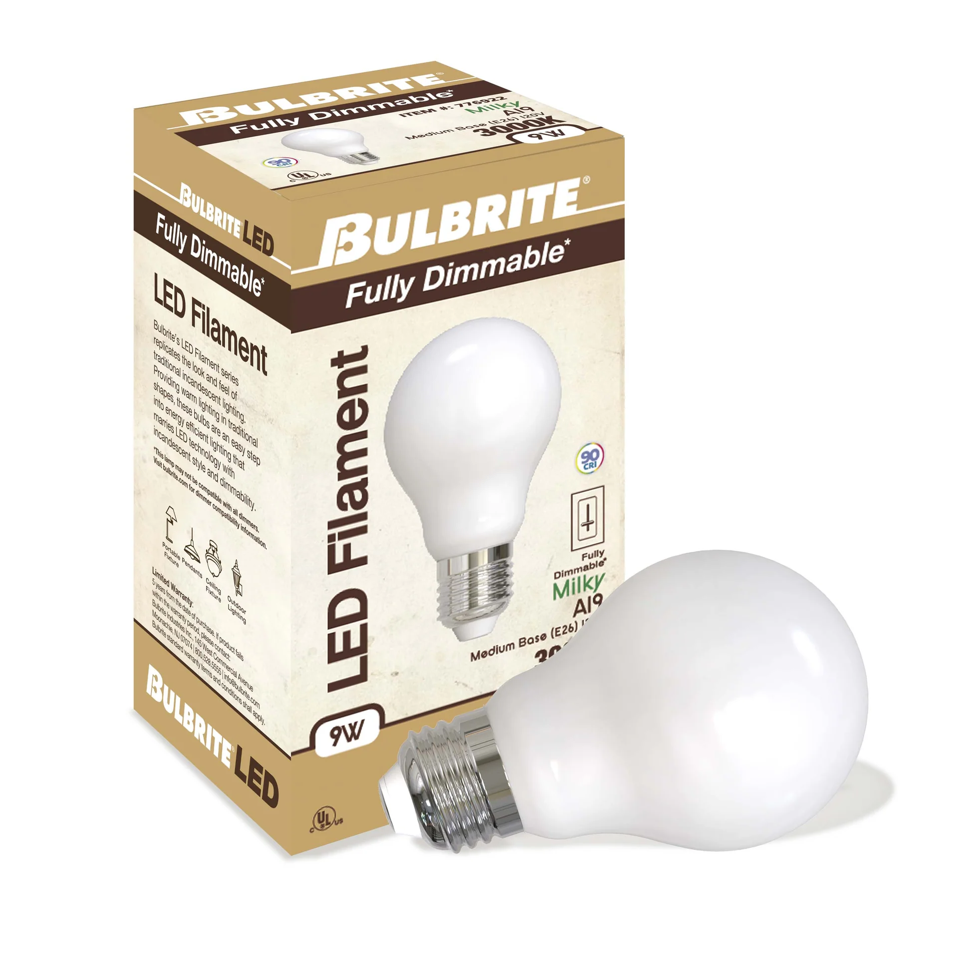 BULBRITE 9W LED A19 3000K FILAMENT MILKY E26 FULLY COMPATIBLE DIMMING-4PK - Cheap-Us