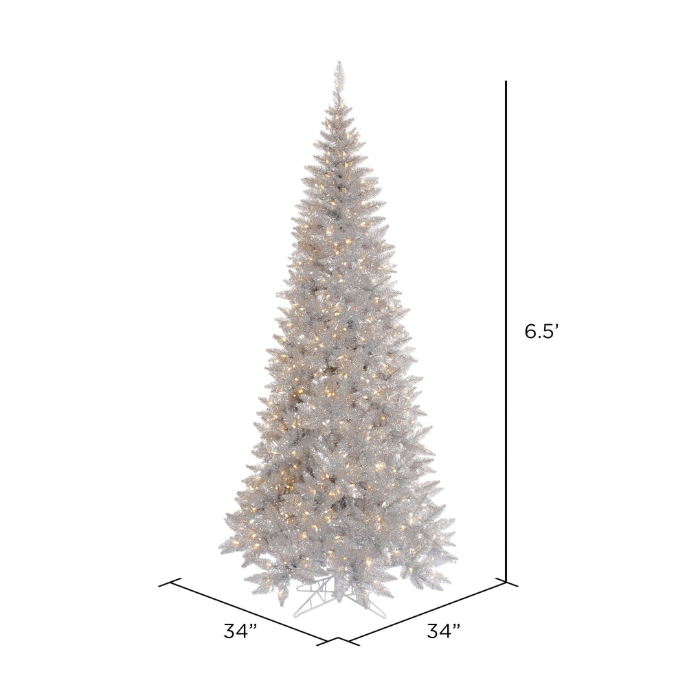 Vickerman 6.5' Silver Tinsel Fir Slim Artificial Christmas Tree Warm White Dura-lit LED Lights - Cheap-Us