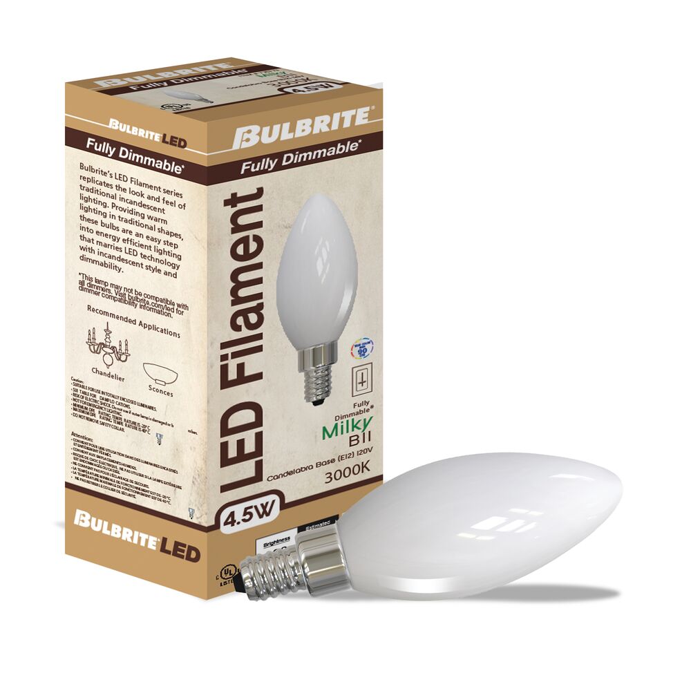 Bulbrite LED Filament Bulb, Milky Finish, 3000K, Fully Compatible Dimming, 4.5 Watts, E12 Candelabra Base, 400 Lumens, 120V, Soft White Light 24-Pack - Cheap-Us