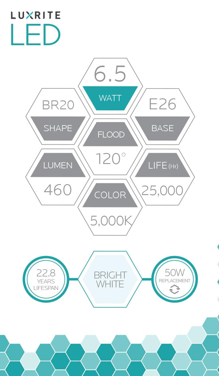 Luxrite LED BR20 Light Bulb, 6.5W, 460 Lumens, 5000K - Bright White, 80 CRI, Frosted White Finish, Dimmable (LR31844) - Cheap-Us