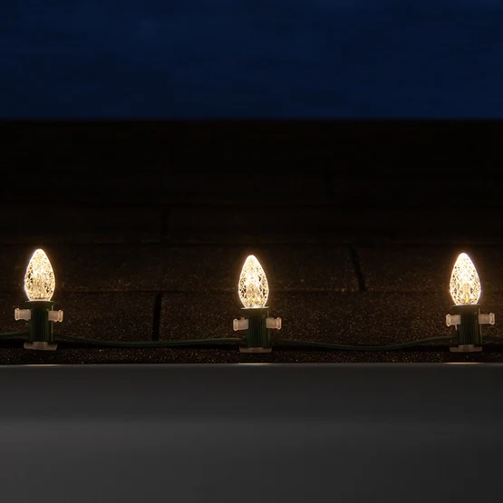 25 Light LED C7 Light Set Warm White Bulbs on Green Wire, Approx. 16'6