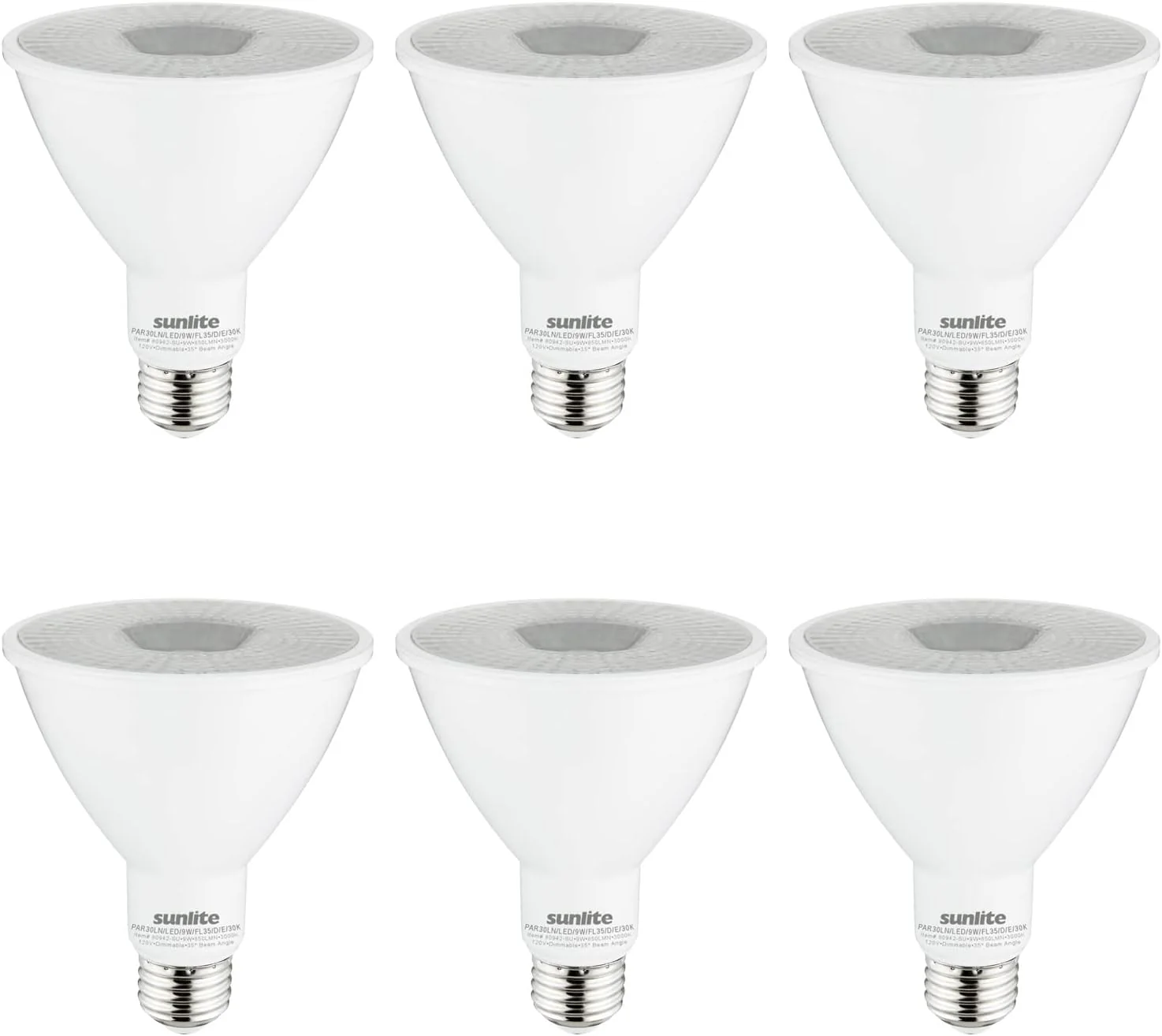Sunlite 80942 LED PAR30 Long Neck Recessed Light Bulb, 9 Watt, (75W EQ), 850 Lm, Medium E26 Base, Dimmable, ETL Listed, 35 Degrees Beam Angle, Energy Star Certified, 3000K Warm White, 6 Pack - Cheap-Us