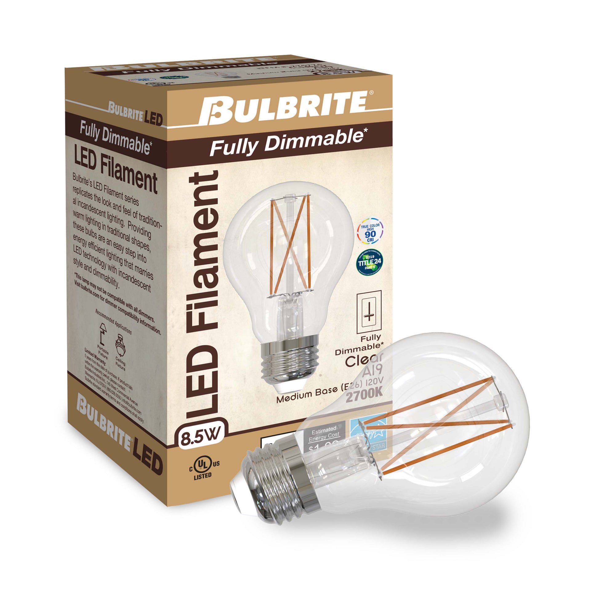 Bulbrite Pack of (2) 8.5 Watt Dimmable Clear Filament A19 Medium (E26) LED Bulb - 850 Lumens, 2700K, and 90 CRI - Cheap-Us