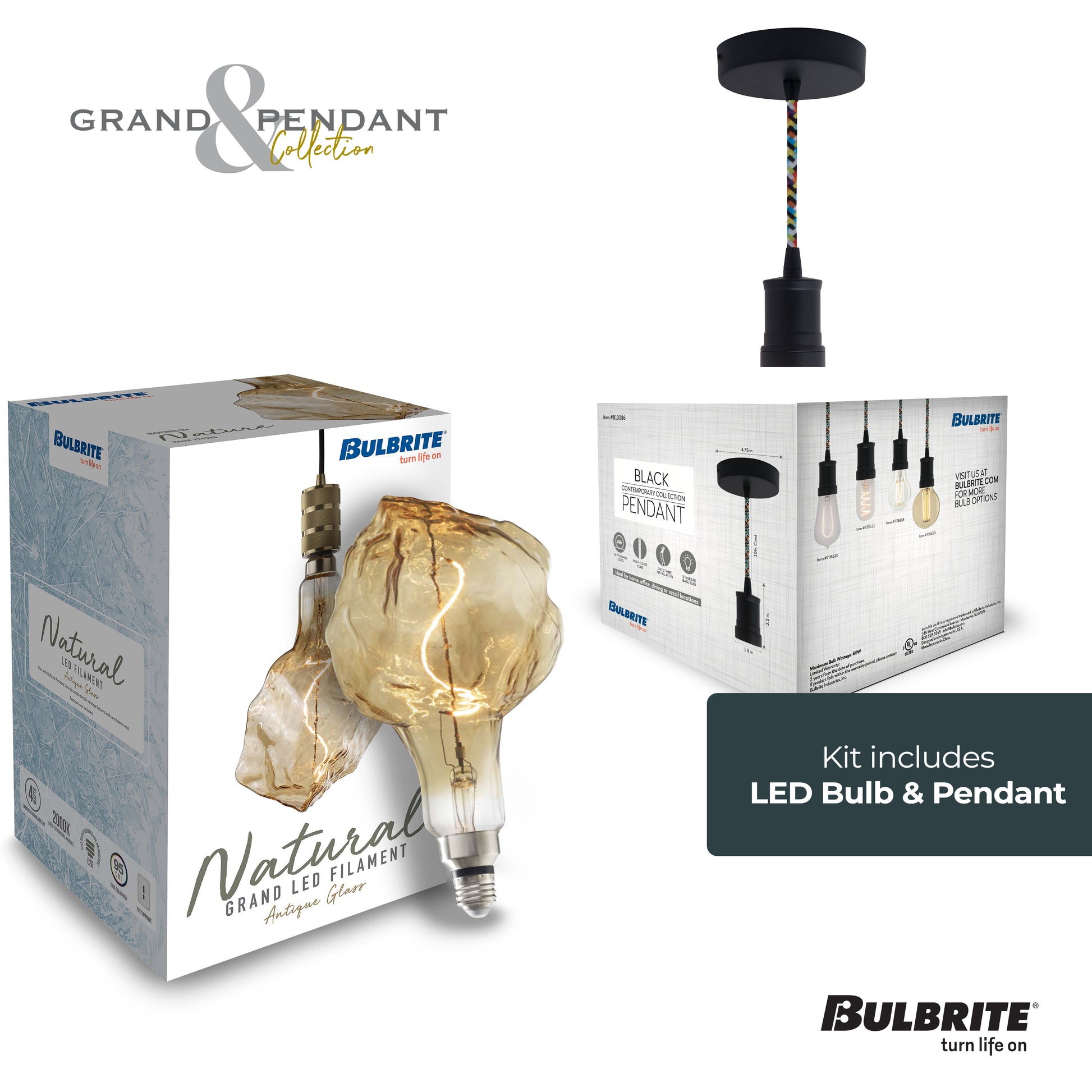 Bulbrite LED Grand Bulb and Pendant Kit of (1) 4 Watt Antique Glass 13