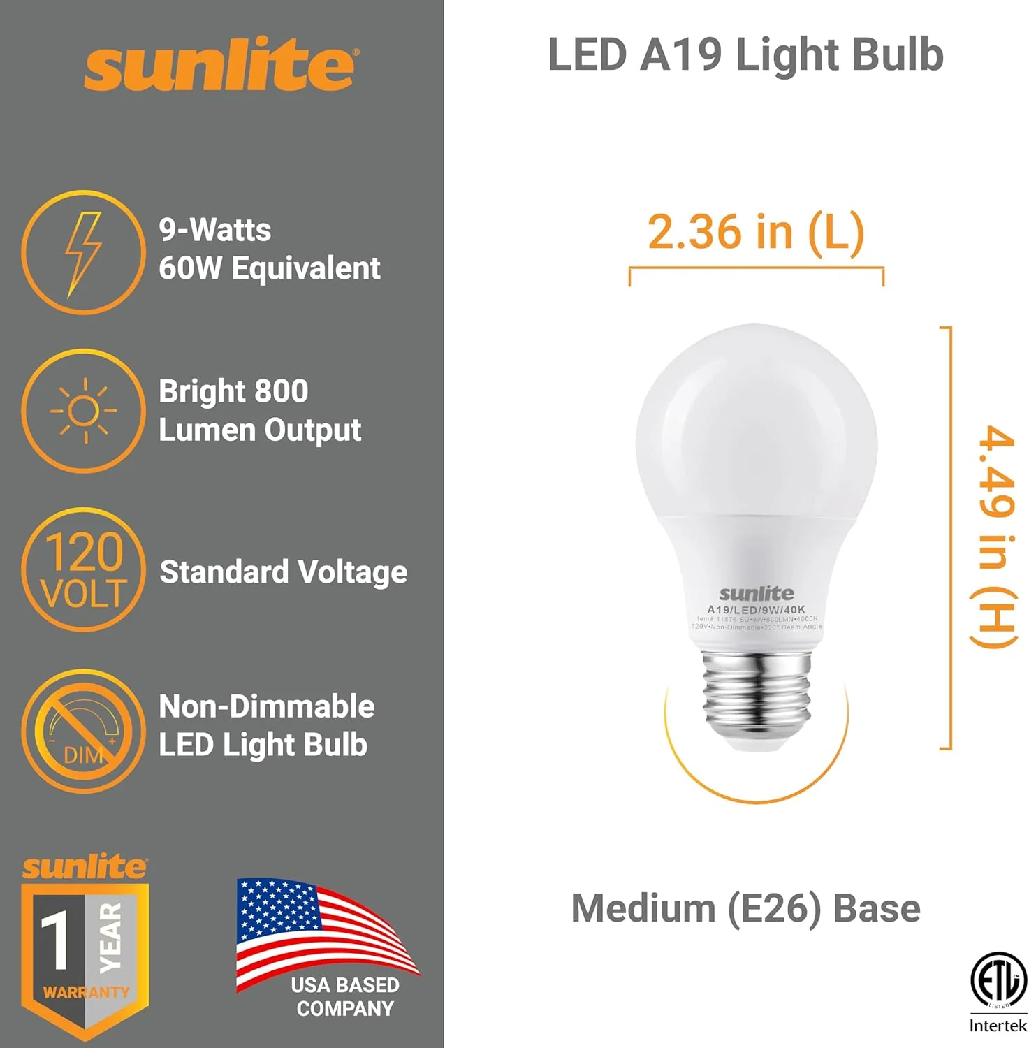 Sunlite A19 Standard LED Light Bulb, 9 Watts (60W Equivalent), 800 Lumens, Bulk 48 Pack, 120 Volts, Non-Dimmable, Medium E26 Base, RoHS, ETL Listed, 4000K Cool White - Cheap-Us