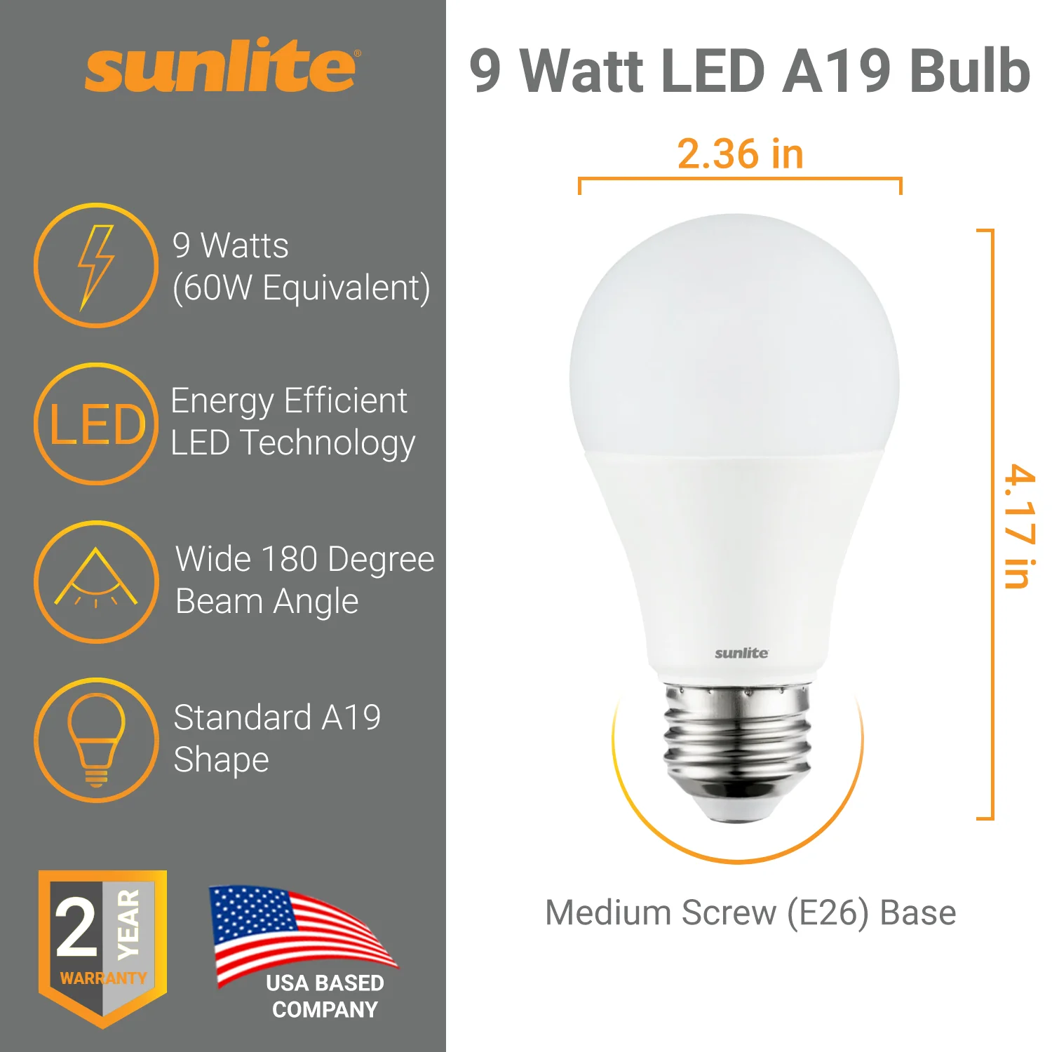 12 Pack Sunlite LED A19 Bulbs, 9 Watt (60 Watt Equivalent), 6500K Daylight, Non-dimmable - Cheap-Us