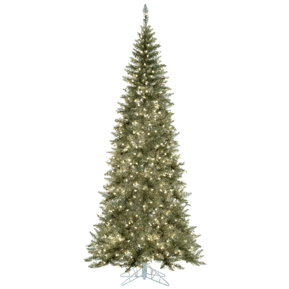 Vickerman 6.5' Champagne Tinsel Fir Slim Artificial Christmas Tree Warm White Dura-lit LED Lights - Cheap-Us