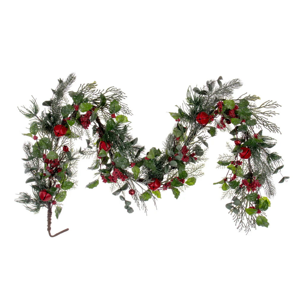 Vickerman 5' Green Artificial Holly Pine and Red Jingle Bell Garland. - Cheap-Us