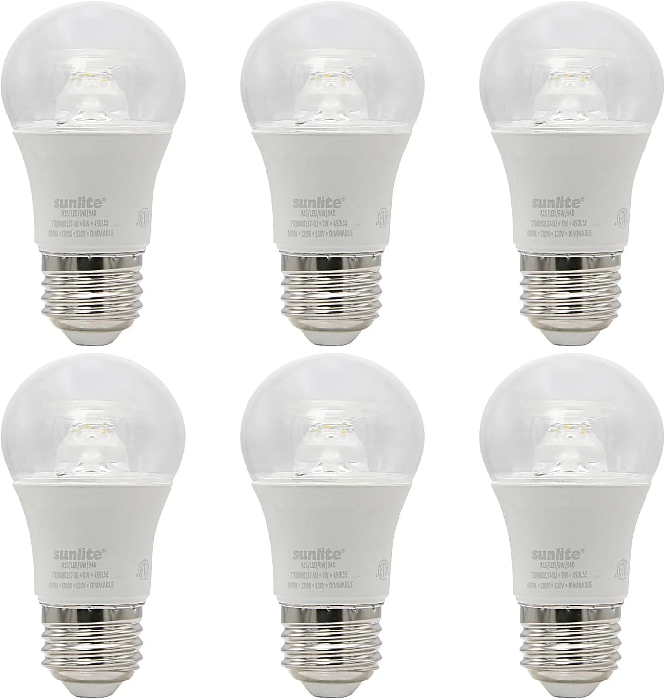 Sunlite LED A15 Appliance Clear Light Bulb, 6 Watts (40W Equivalent), 450 Lumens, Medium Base (E26), 90 CRI, Dimmable, ETL Listed, Ceiling Fan, 4000K Cool White, 6 Count - Cheap-Us