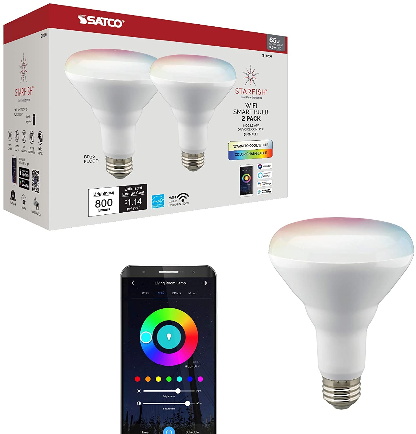 Starfish BR30 WiFi Smart LED, 9.5 Watt, RGBW & Tunable White Light Bulb - Cheap-Us