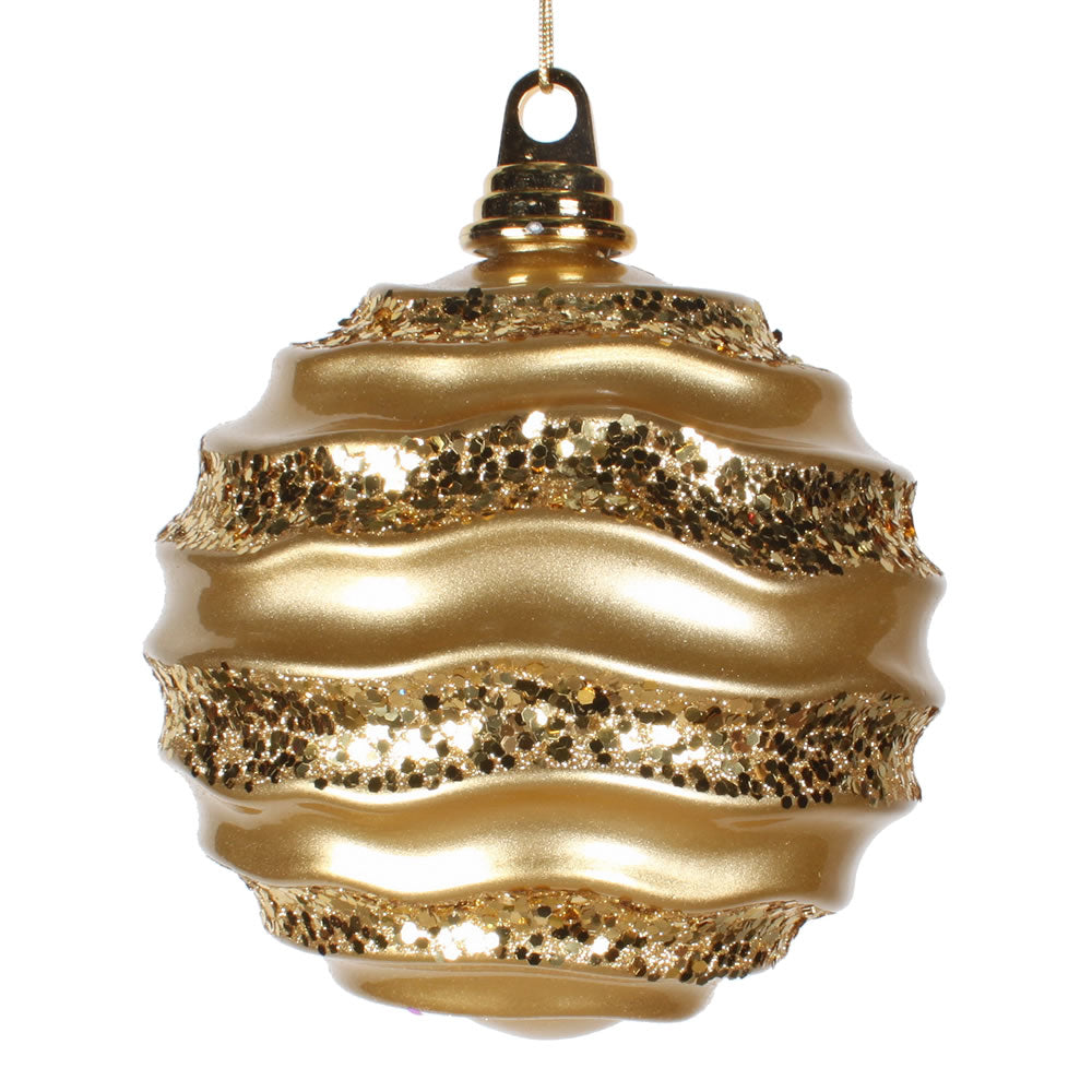 Vickerman 8' Gold Stripe Candy Finish Wave Ball Christmas Ornament with Glitter Accents - Cheap-Us
