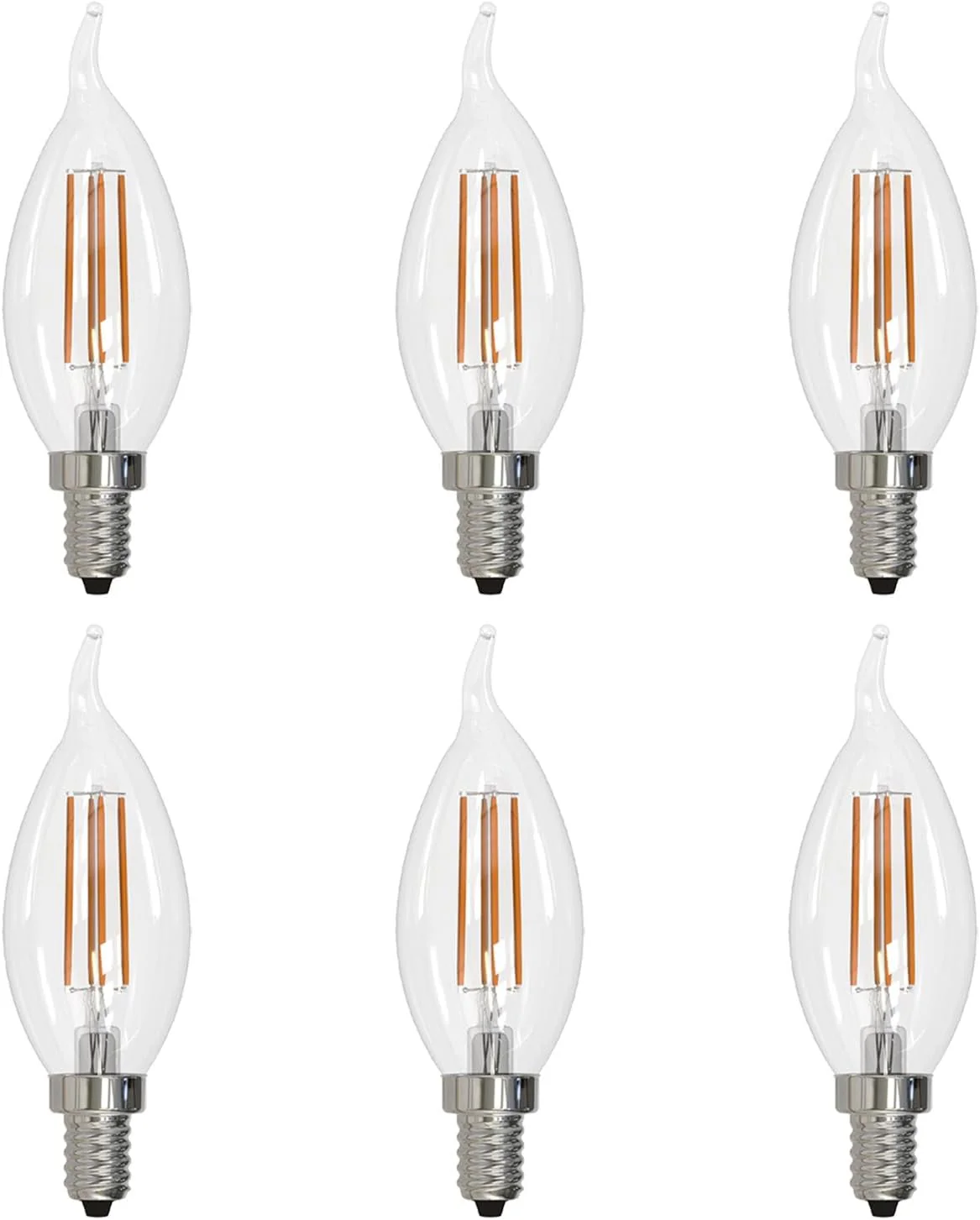 Sunlite LED Filament CA11 Flame Tip Chandelier Light Bulb, 5.5 Watts (60W=), 600 Lumens, Candelabra Base (E12), Edison Style, 90 CRI, Dimmable, UL Listed, 3000K Warm White, 6 Count - Cheap-Us