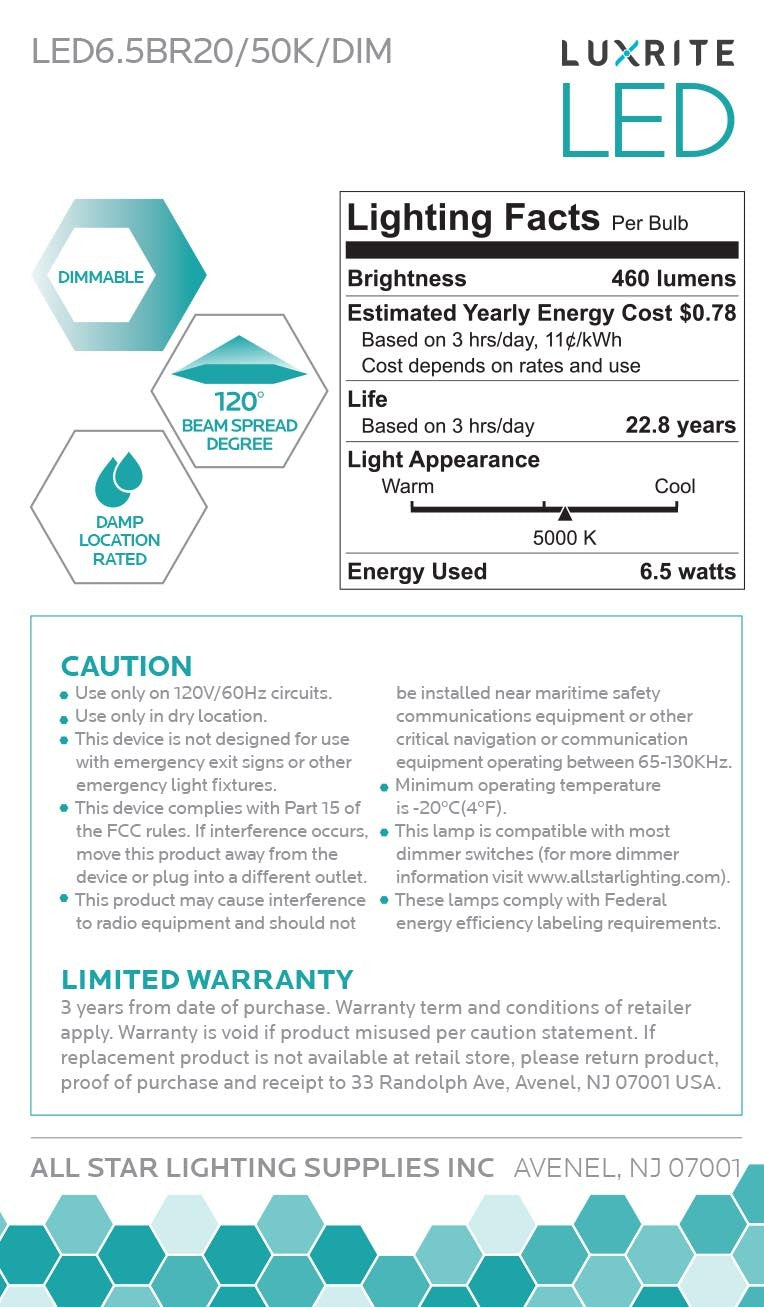 Luxrite LED BR20 Light Bulb, 6.5W, 460 Lumens, 5000K - Bright White, 80 CRI, Frosted White Finish, Dimmable (LR31844) - Cheap-Us