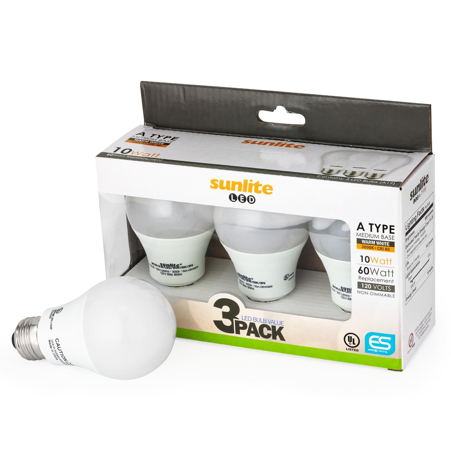 Sunlite A19/LED/10W/30K/3PK LED Household 10W (60W Equivalent) Light Bulbs, Medium (E26) Base, 3000K Warm White, 3 Pack - Cheap-Us