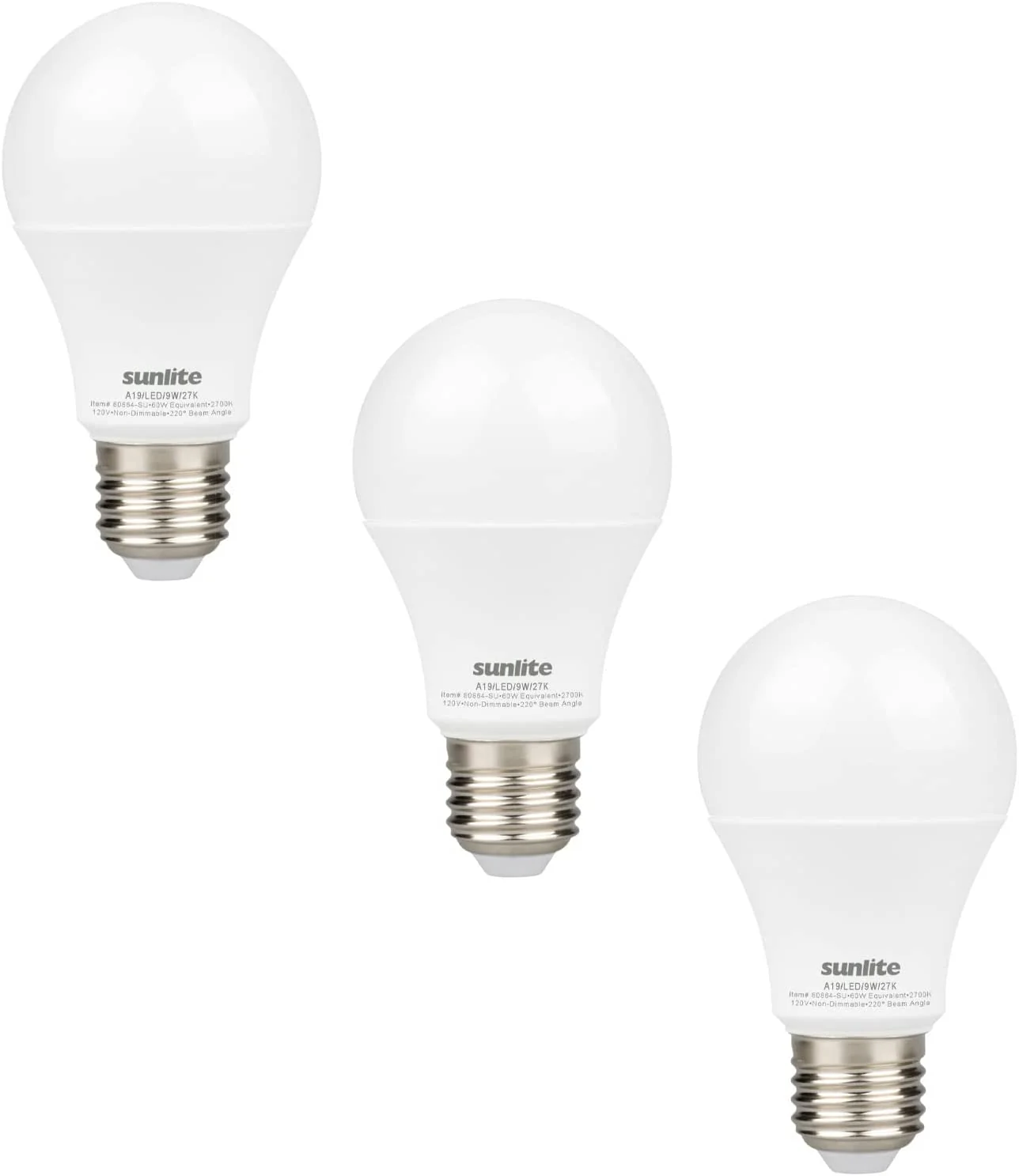 Sunlite 80864-SU LED A19 Light Bulbs, 9 Watts (60W Equivalent), 800 Lumens, Medium Base (E26), Non-Dimmable, Frost, UL Listed, 2700K Warm White, 3 Count - Cheap-Us