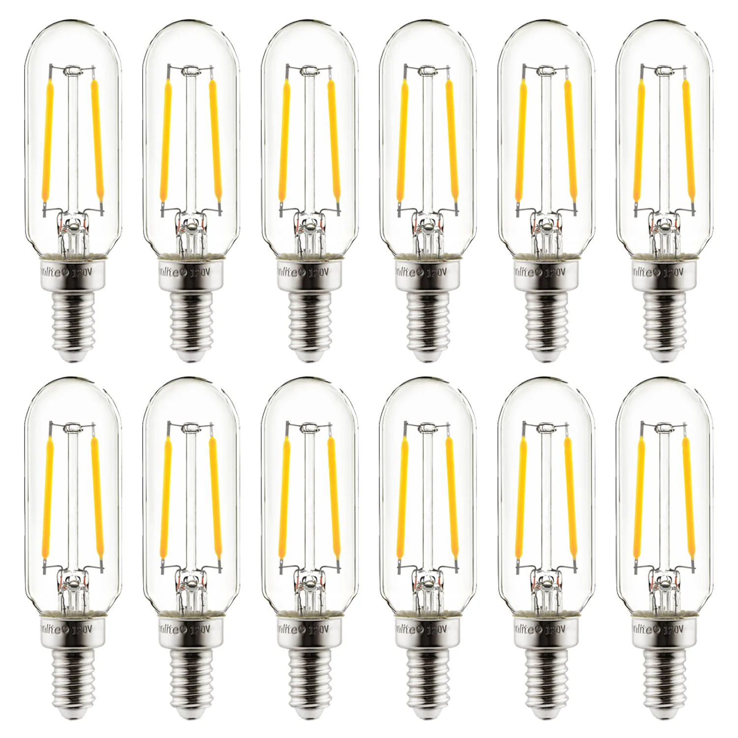 Sunlite 41344 LED Filament T8 Tubular Light Bulb, 2 Watts (25W Equivalent), Candelabra E12 Base, Dimmable, 85 mm, UL Listed, 130 Lumens, 2700K Warm White, 12 Pack - Cheap-Us