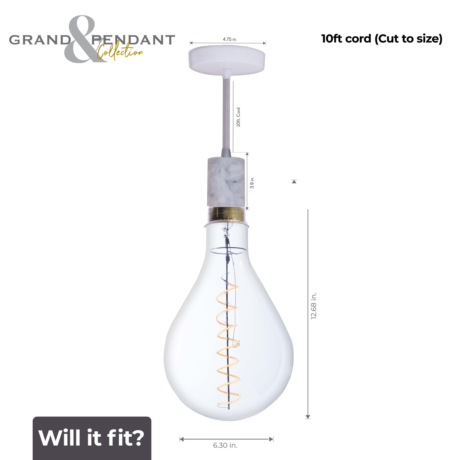 Bulbrite LED Grand Bulb and Pendant Kit of (1) 4 Watt Clear Glass 13