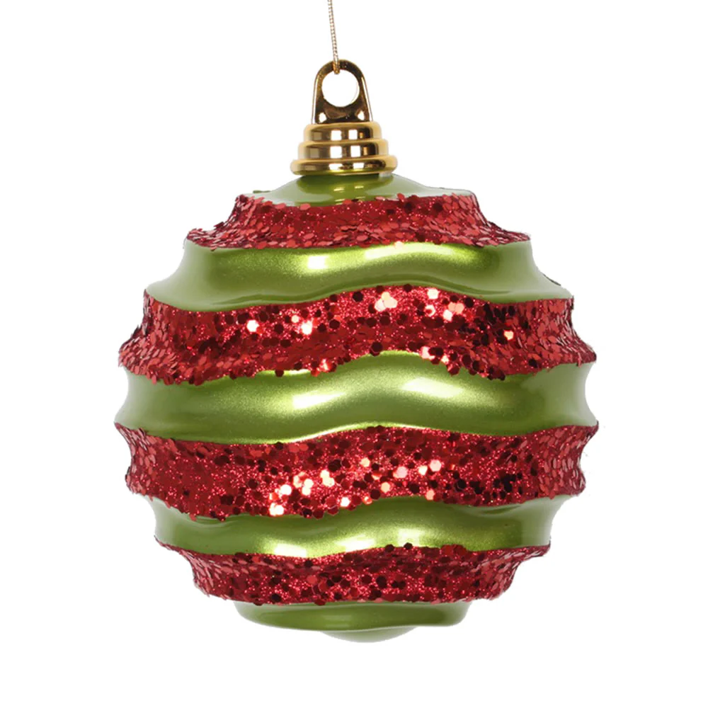 Vickerman 8' Lime and Red Stripe Candy Finish Wave Ball Christmas Ornament with Glitter Accents - Cheap-Us