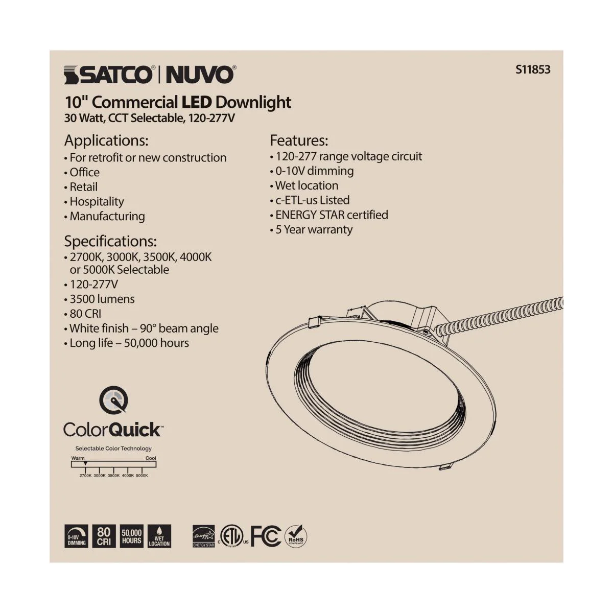S11853 30WLED/CDL/10/CCT/120-277 30 Watt Commercial LED Downlight; 10 in.; CCT Adjustable; 120-277 volt; Econo - Cheap-Us