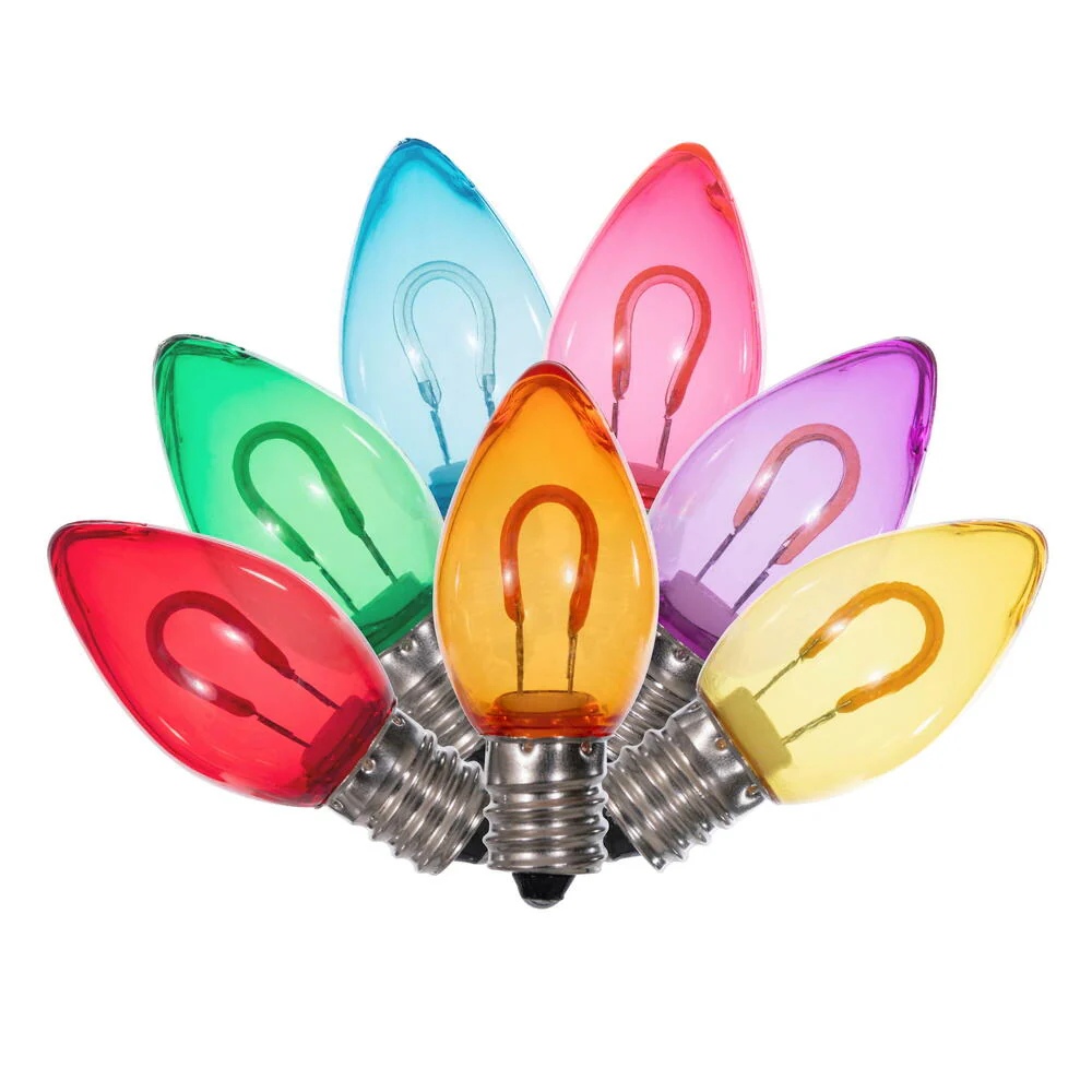 Vickerman C7 Transparent U-Shaped Filament Multi Bulb, E12 Base, .6 Watts, 25 Pcs Assorted/Bag.  Colors included are Blue, Red, Green, Purple and Amber. - Cheap-Us