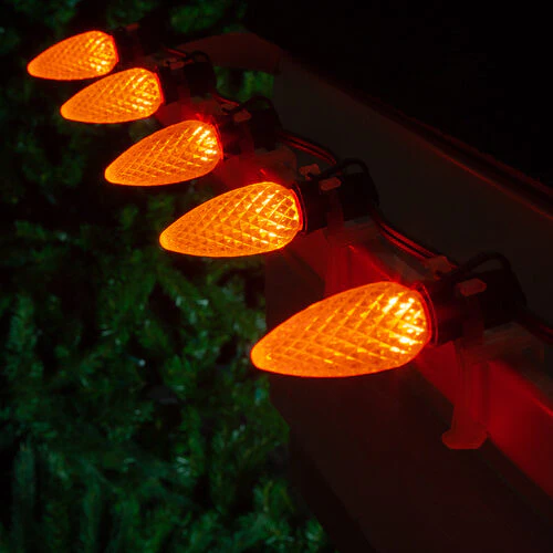 25-Light LED C9 Light Set; Orange Bulbs on Green Wire, Approx. 16'6