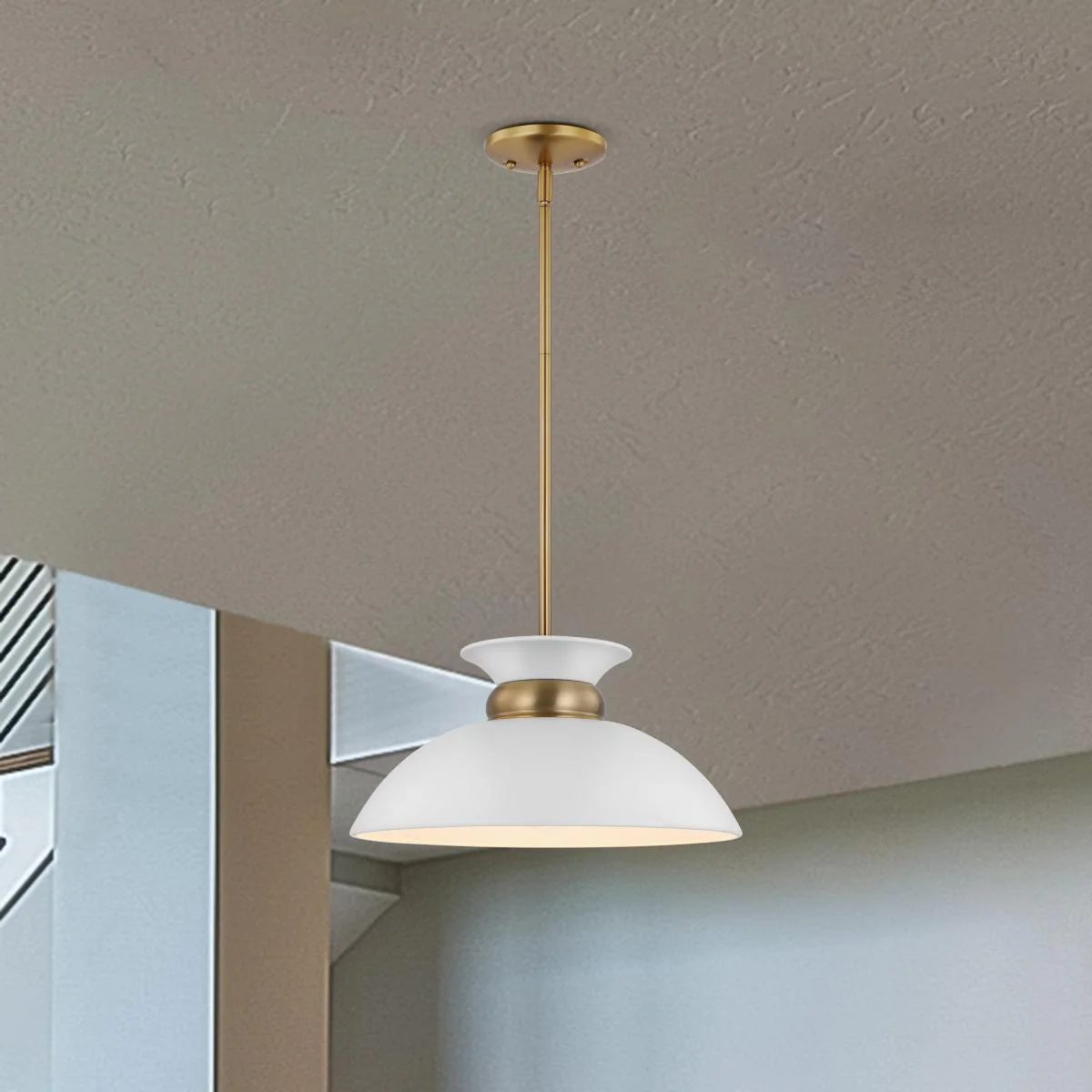 60-7463 PERKINS 1 LT SMALL PENDANT Perkins; 1 Light; Small Pendant; Matte White with Burnished Brass - Cheap-Us