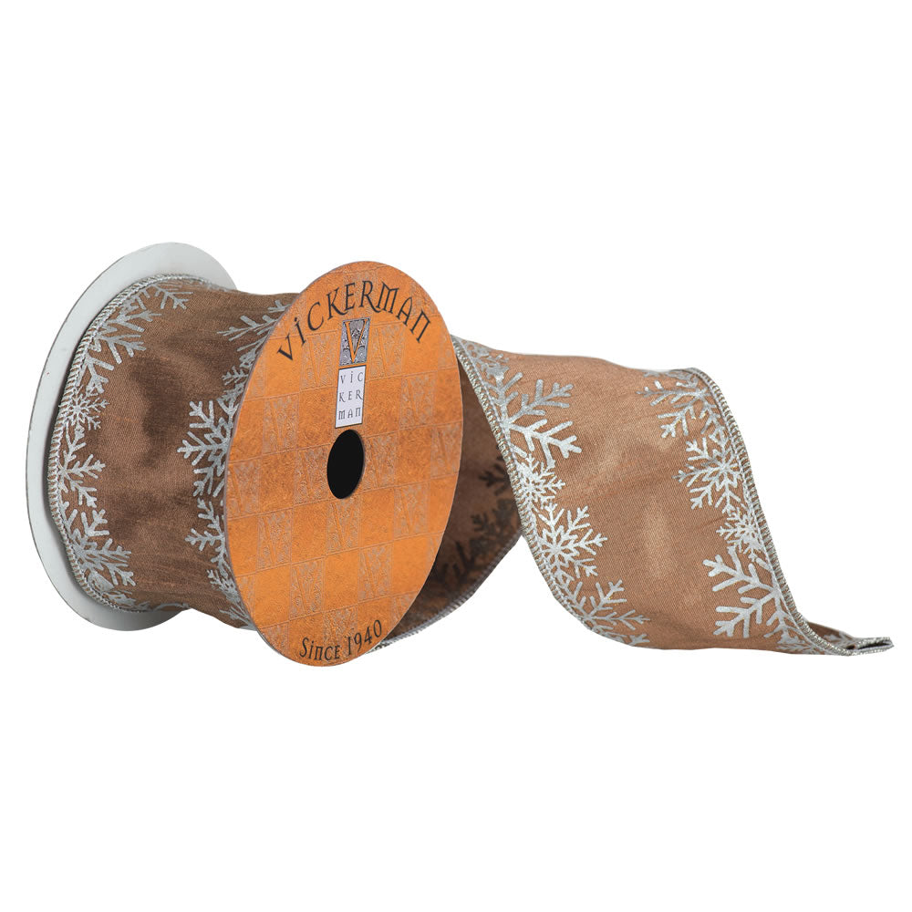 Vickerman Brown Ribbon With Silver Snowflake Stitch On Border And A Silver Edge - Cheap-Us