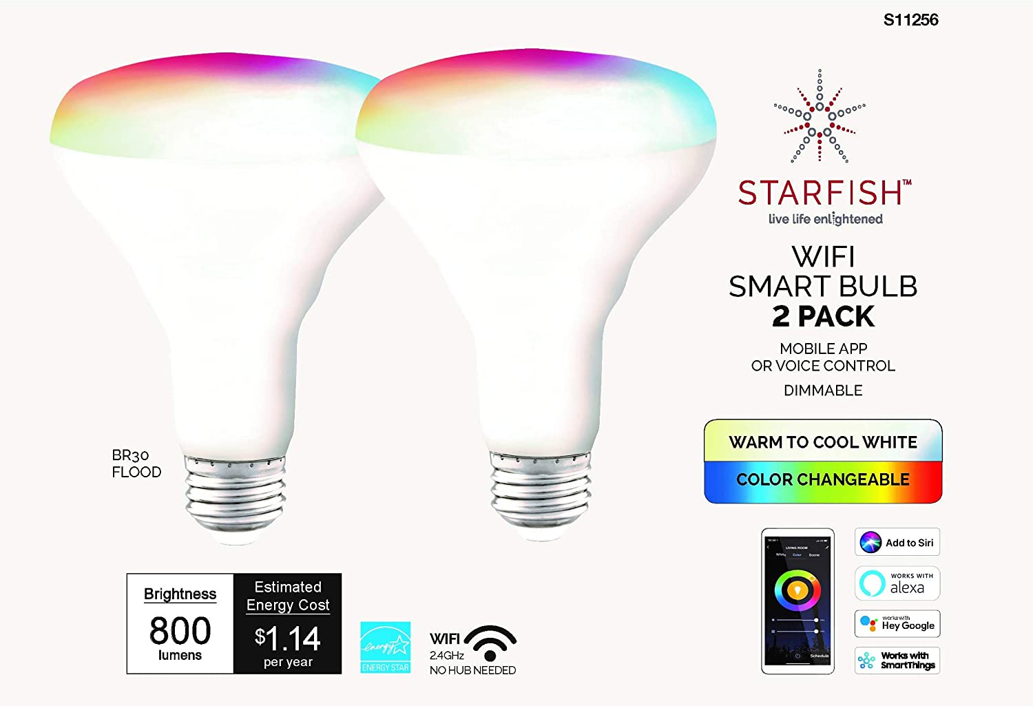 Starfish BR30 WiFi Smart LED, 9.5 Watt, RGBW & Tunable White Light Bulb - Cheap-Us