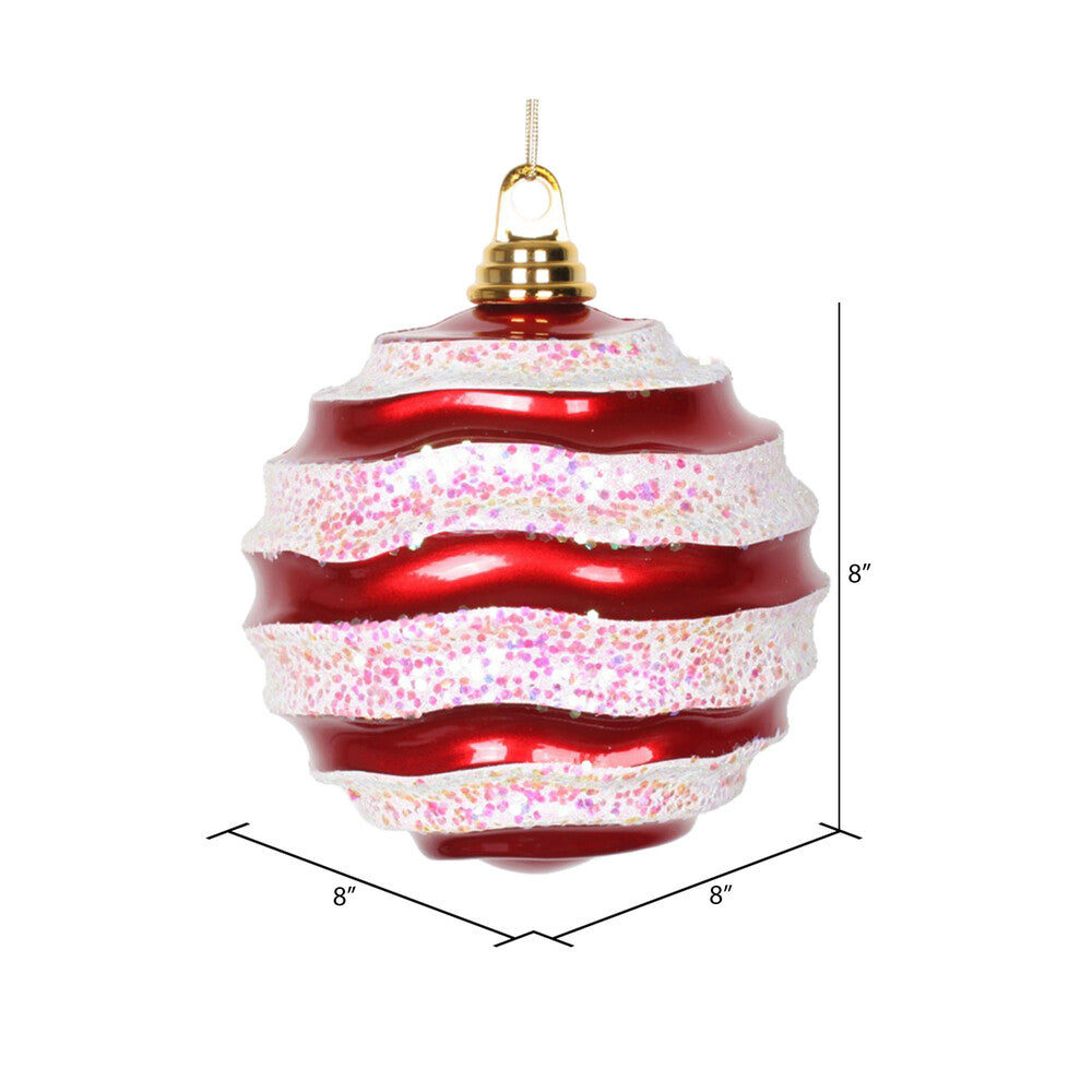 Vickerman 8' Red and White Stripe Candy Finish Wave Ball Christmas Ornament with Glitter Accents - Cheap-Us