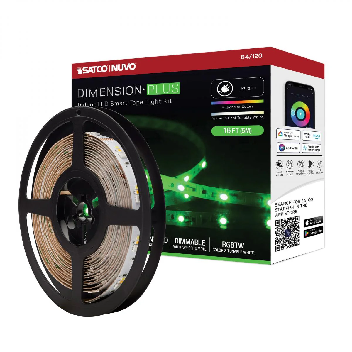 64-120 TAPE/RGBTW/IP20/PLUG/SF/16' Dimension Plus; Tape light strip; 16 ft.; RGB plus Tunable White; Plug connection; Starfish IOT Capable; IR Remote Included - Cheap-Us